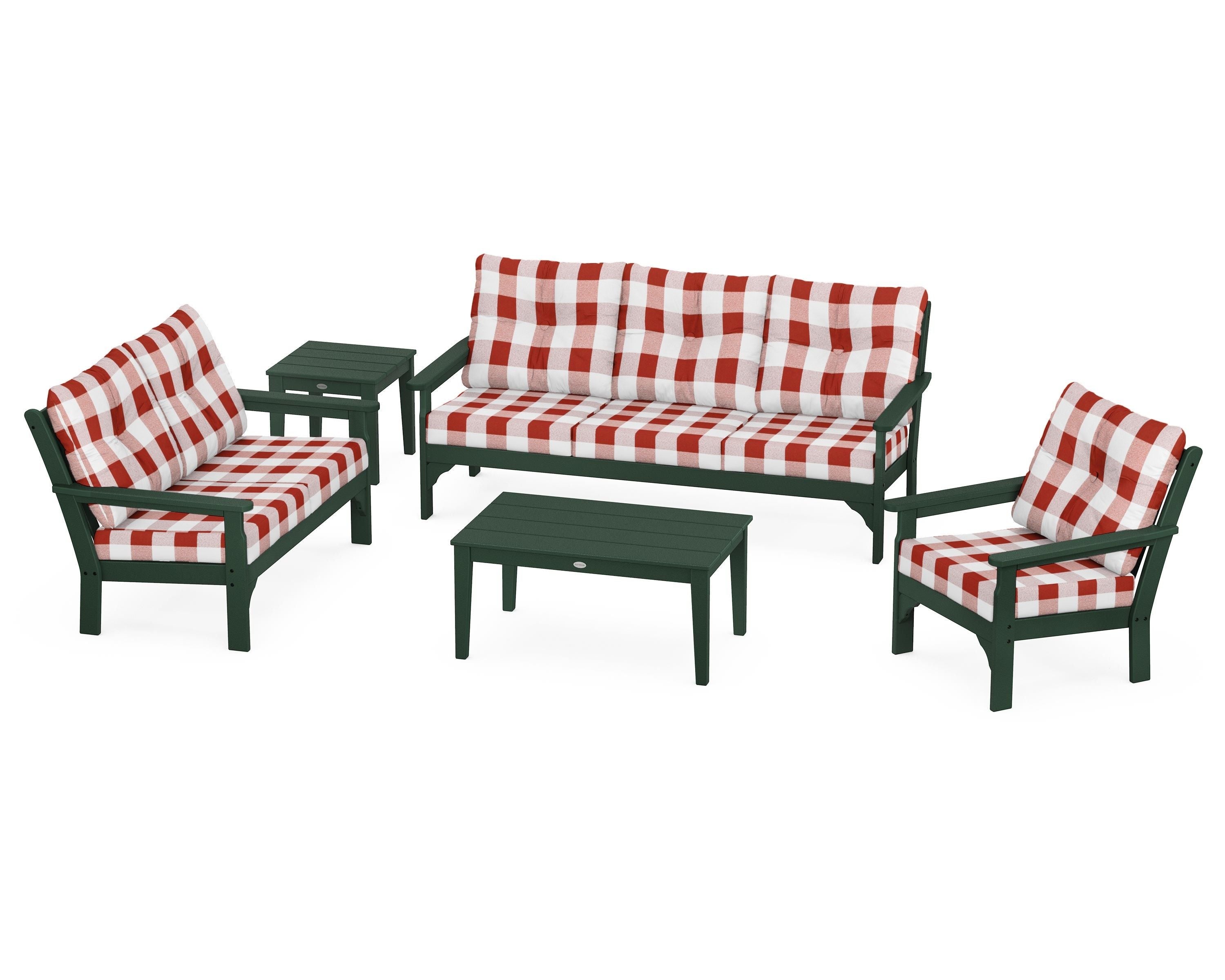 POLYWOOD® Vineyard 5 Piece Deep Seating Set in Green / Buffalo Plaid Crimson