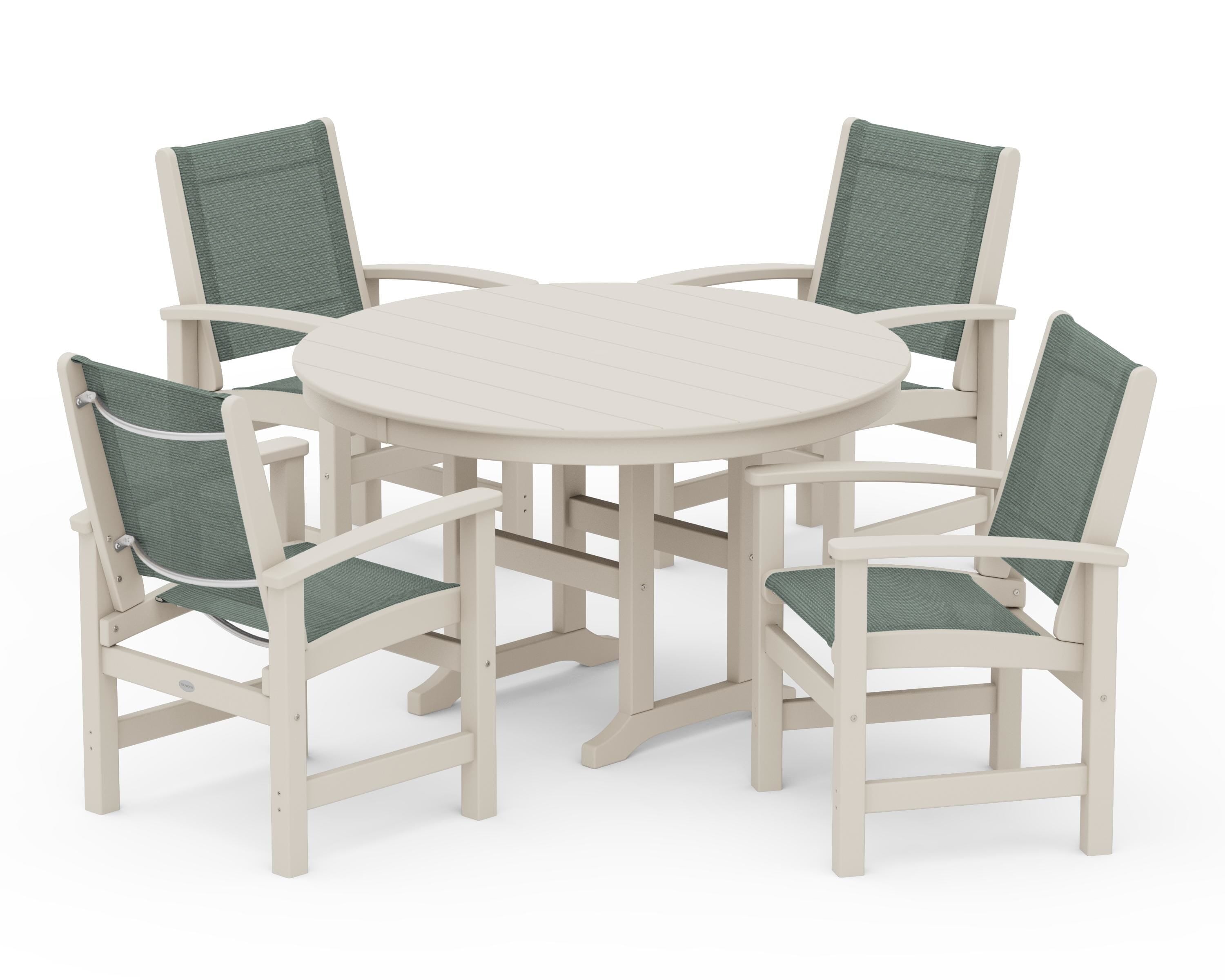POLYWOOD® Coastal 5-Piece Round Farmhouse Dining Set in Sand / Dupioni Sea Mist Sling