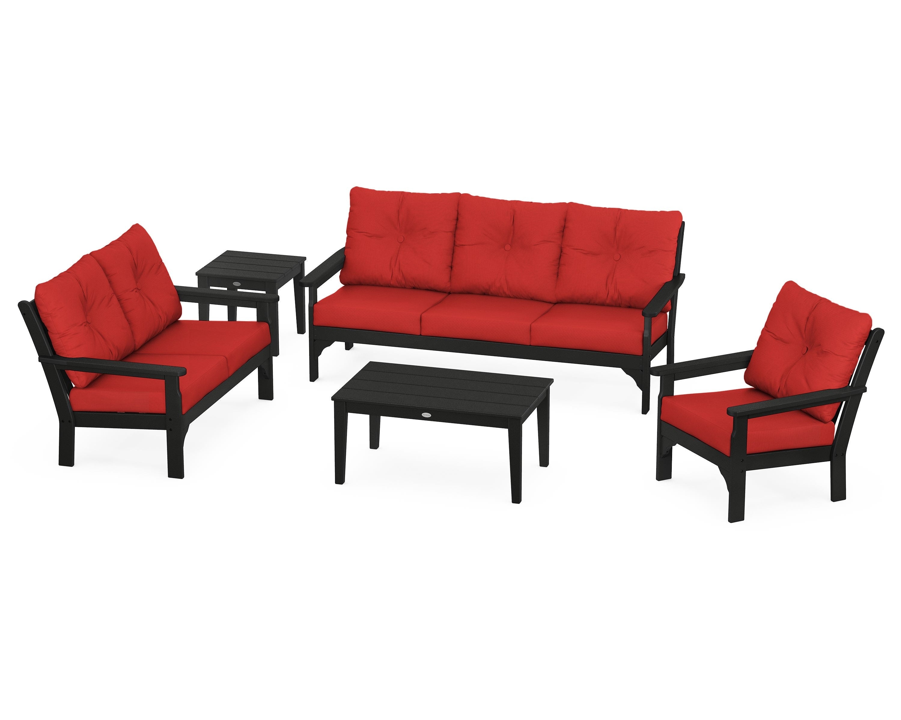 POLYWOOD® Vineyard 5 Piece Deep Seating Set in Black / Crimson Linen