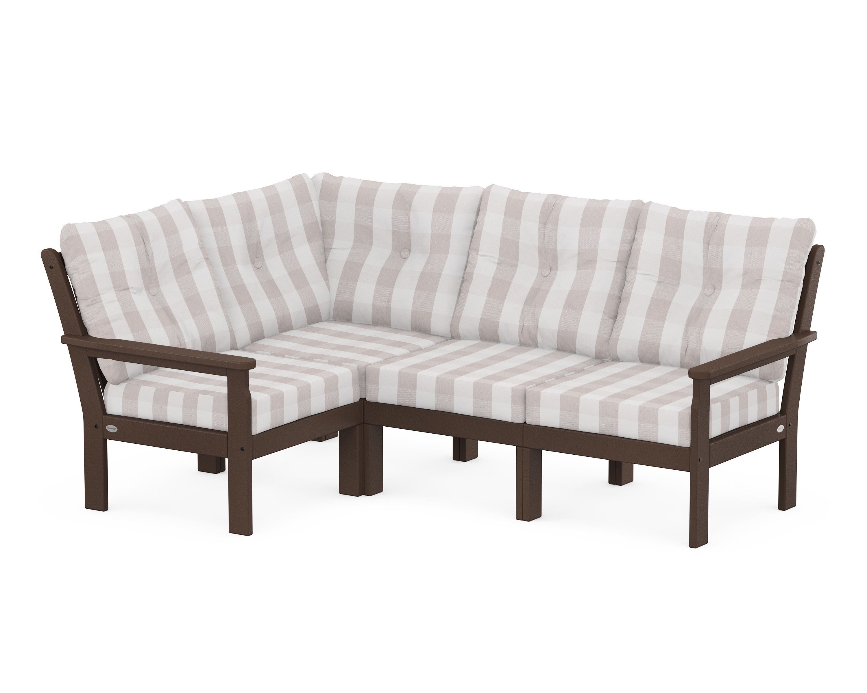 POLYWOOD® Vineyard 4-Piece Sectional in Mahogany / Buffalo Plaid Dune Burlap