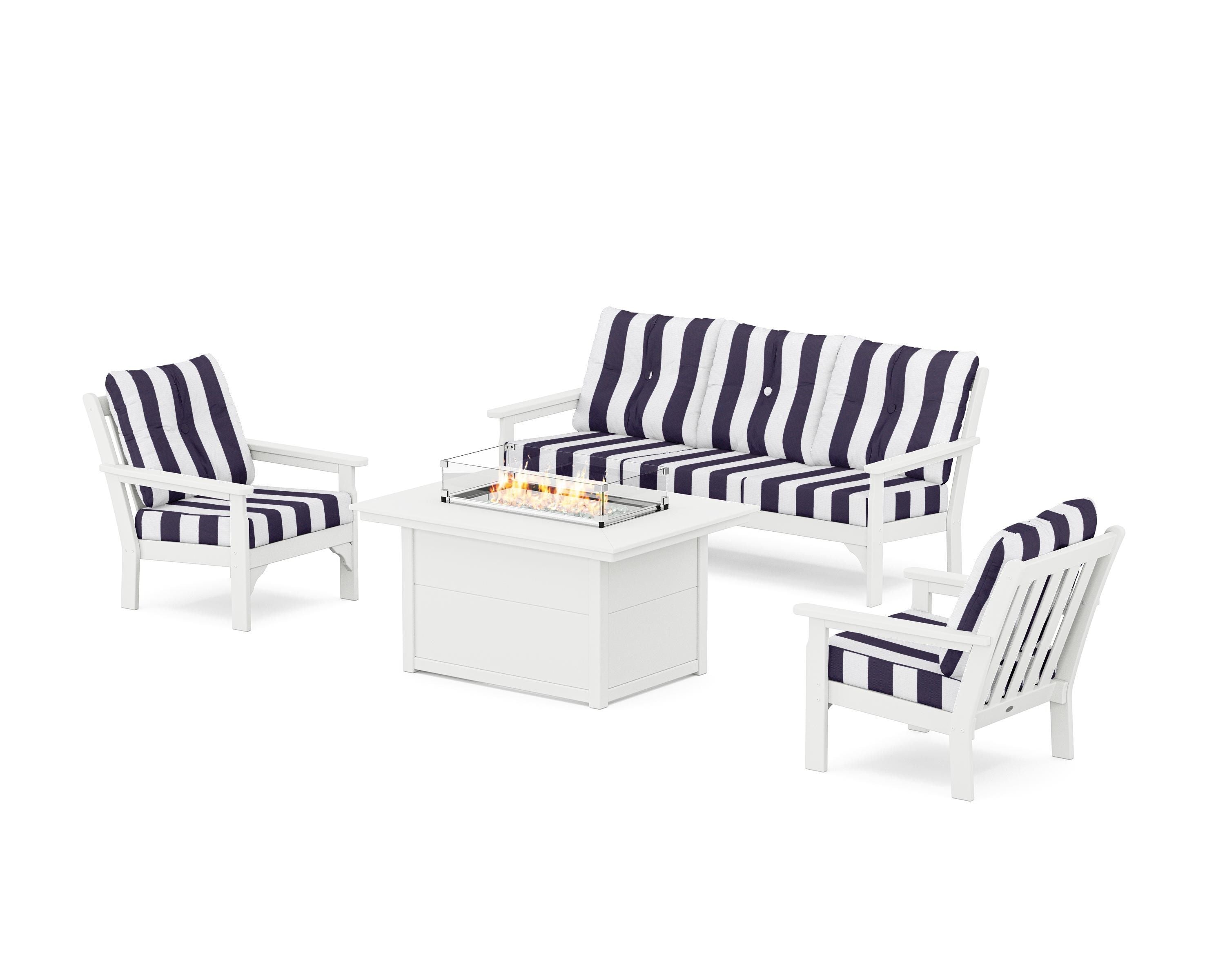 POLYWOOD® Vineyard Deep Seating Fire Pit Table Set in White / Cabana Stripe Navy