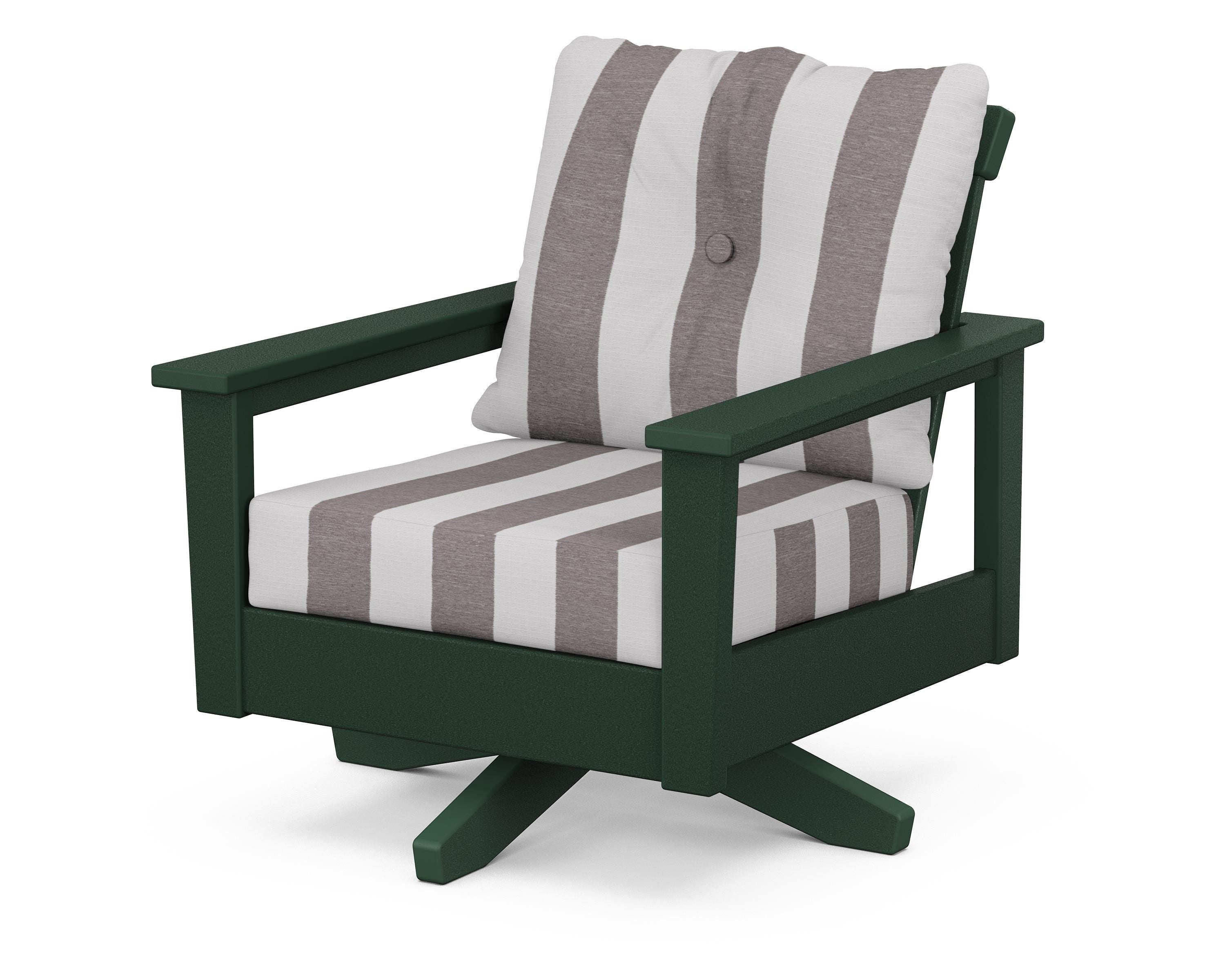 POLYWOOD® Prescott Deep Seating Swivel Chair in Green / Cabana Stripe Grey Mist