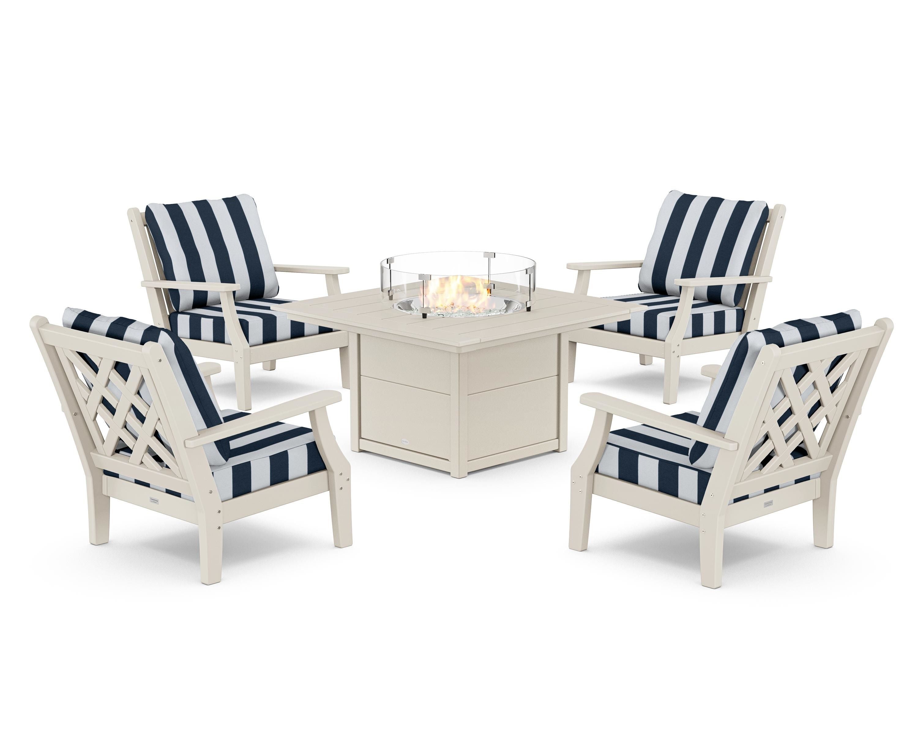 Country Living Wovendale 5-Piece Deep Seating Set with Fire Pit Table in Sand / Cabana Stripe Marine Indigo