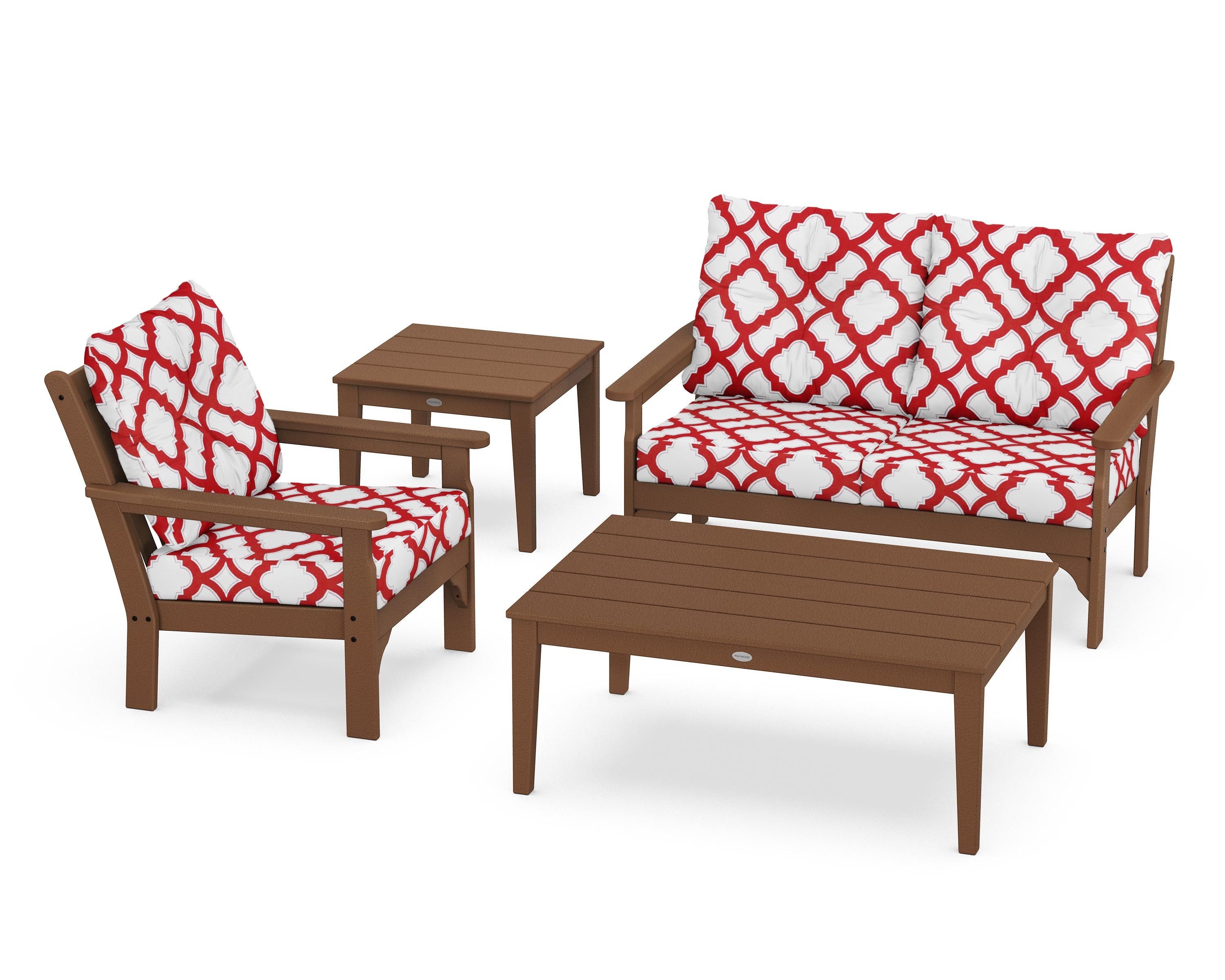 POLYWOOD® Vineyard 4-Piece Deep Seating Set in Teak / Trellis Crimson