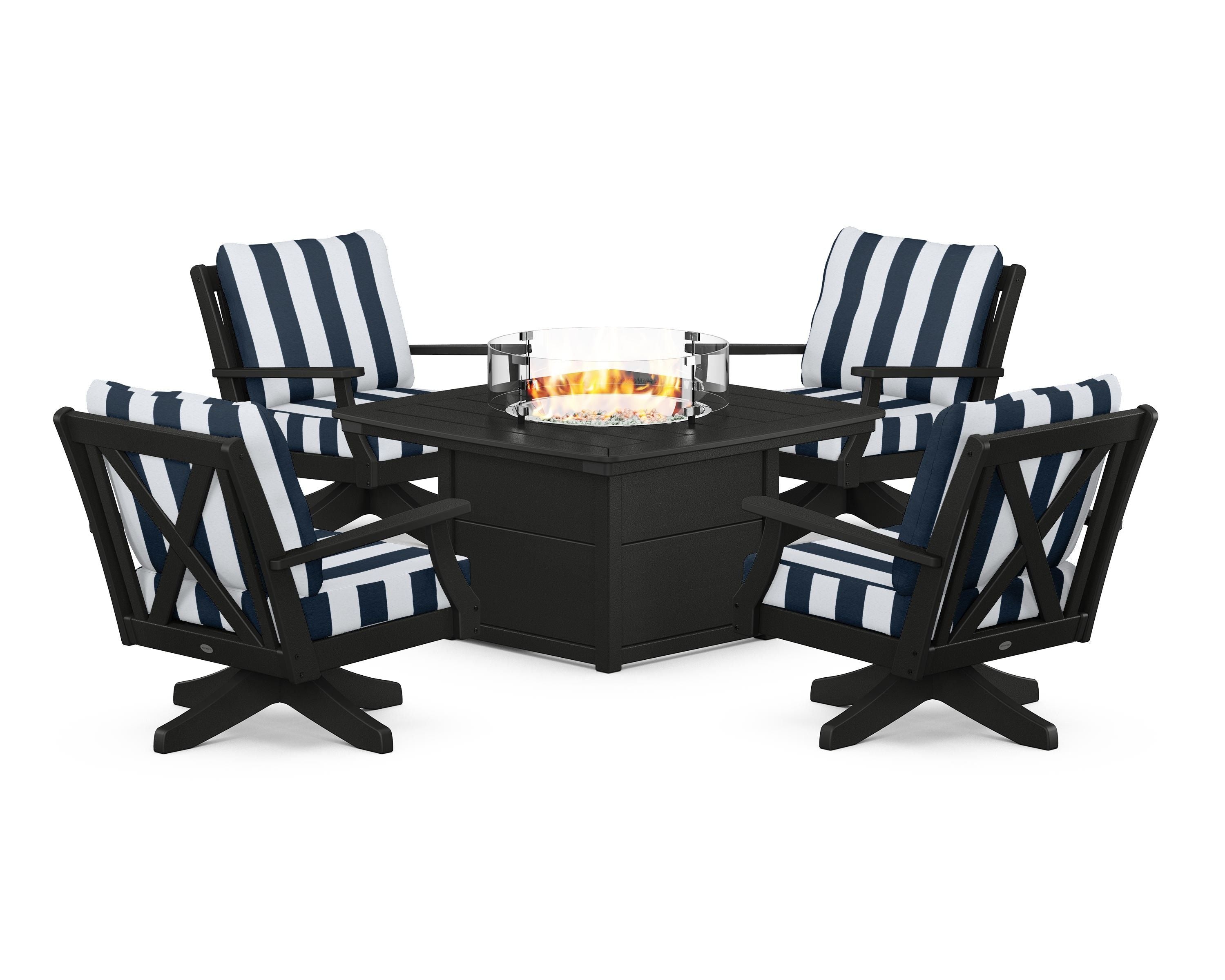 POLYWOOD® Braxton 5-Piece Deep Seating Swivel Conversation Set with Fire Pit Table in Black / Cabana Stripe Marine Indigo