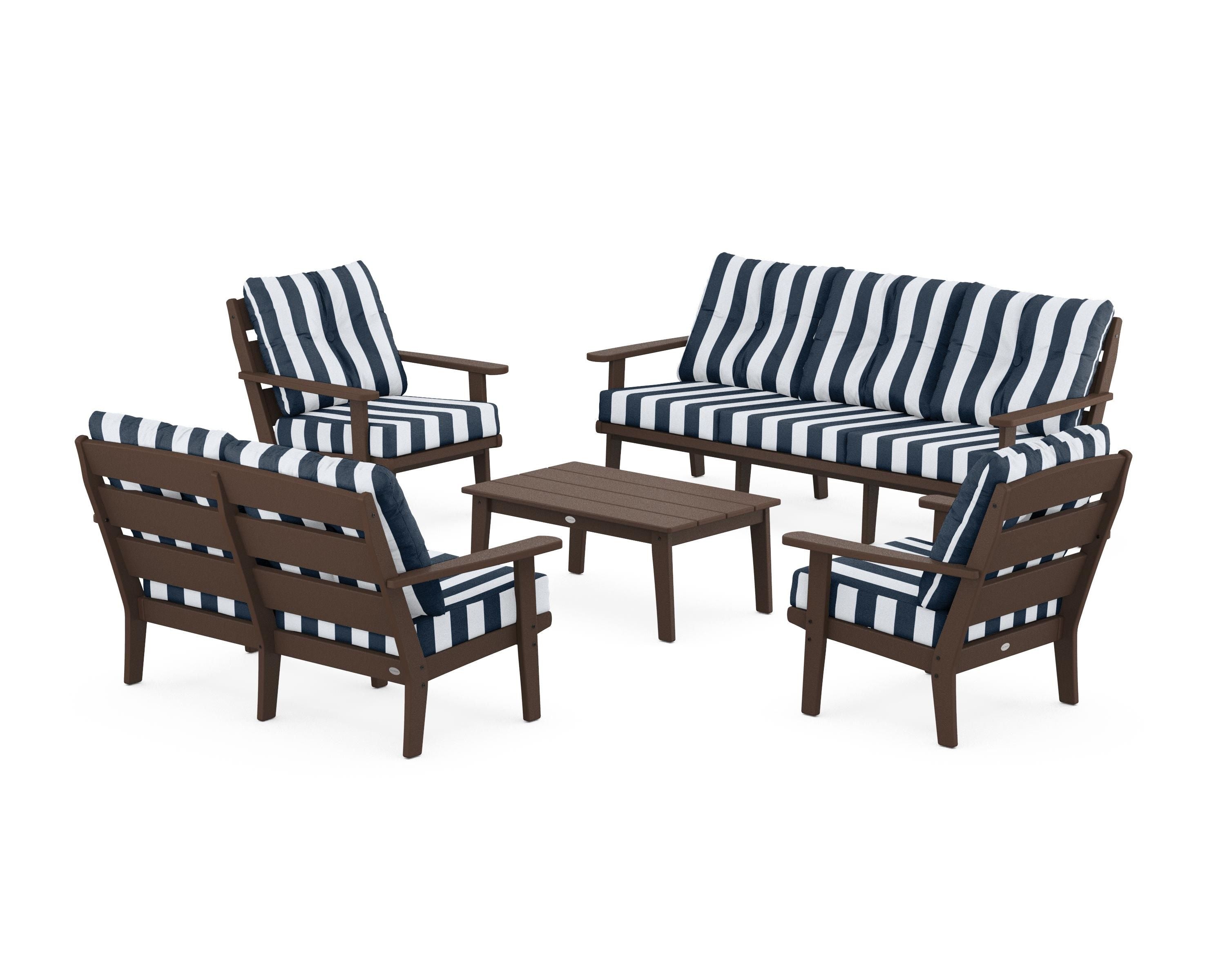POLYWOOD® Lakeside 5-Piece Lounge Sofa Set in Mahogany / Cabana Stripe Marine Indigo