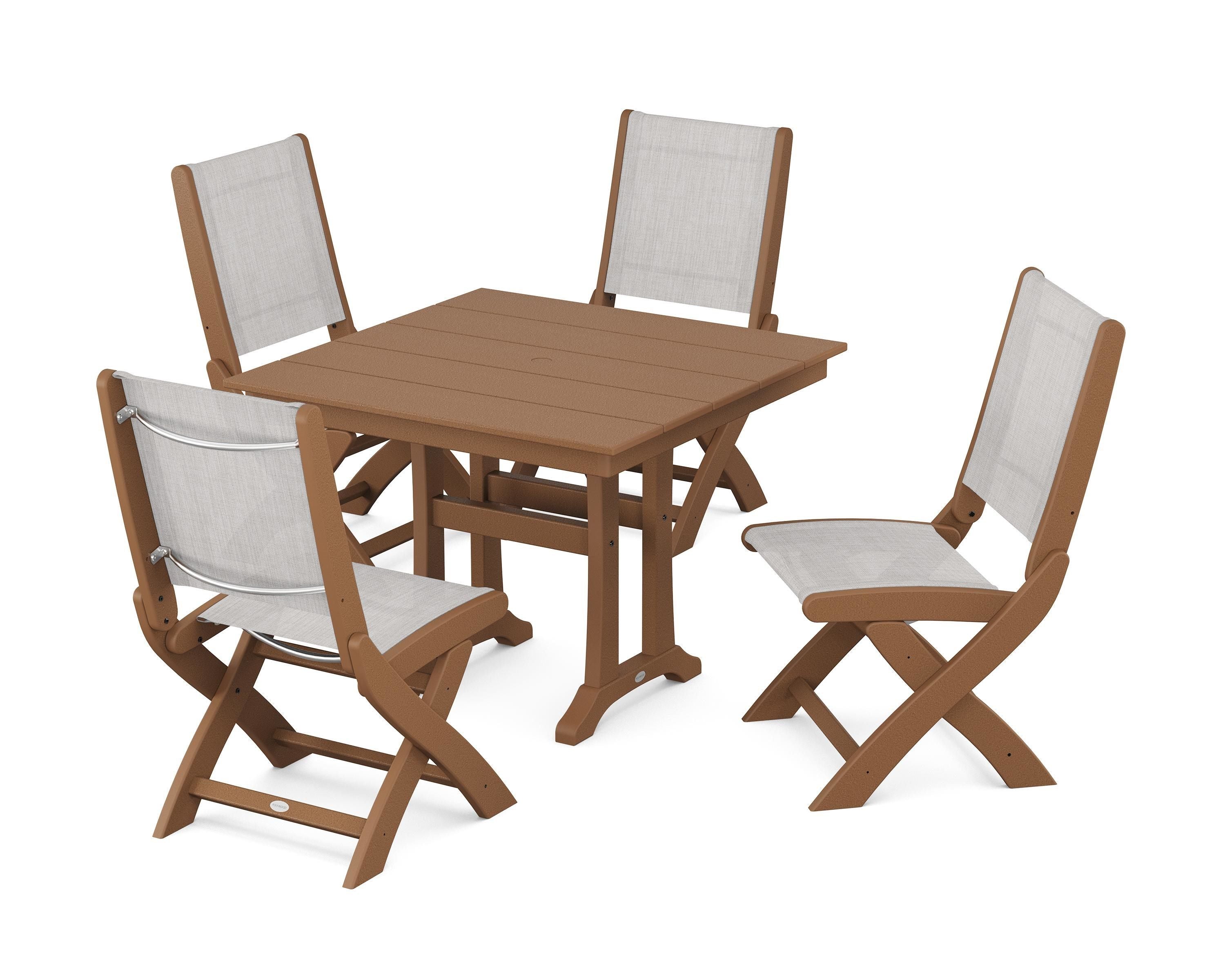 POLYWOOD® Coastal Folding Side Chair 5-Piece Farmhouse Dining Set With Trestle Legs in Teak / Parchment Sling
