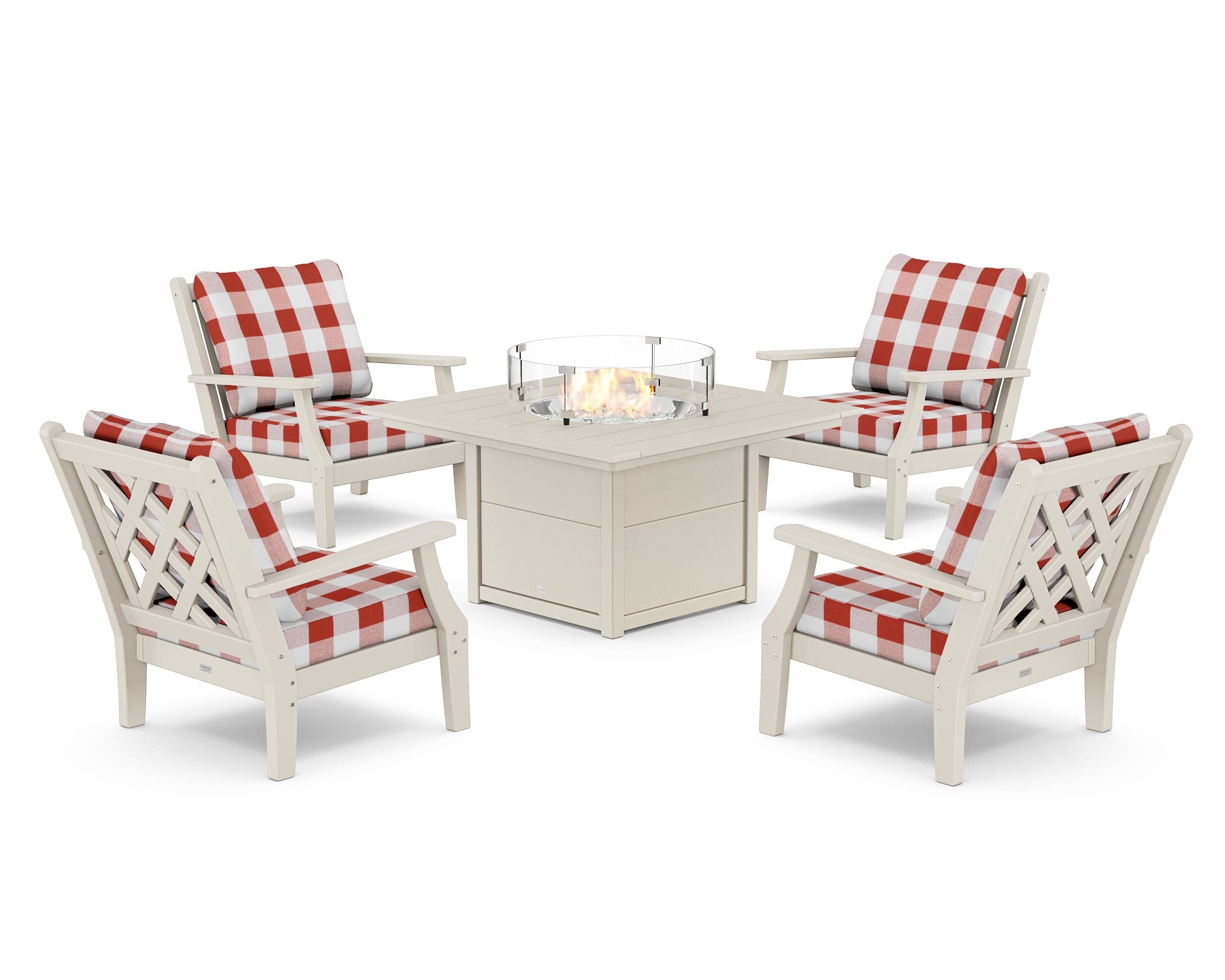 Country Living Wovendale 5-Piece Deep Seating Set with Fire Pit Table in Sand / Buffalo Plaid Crimson