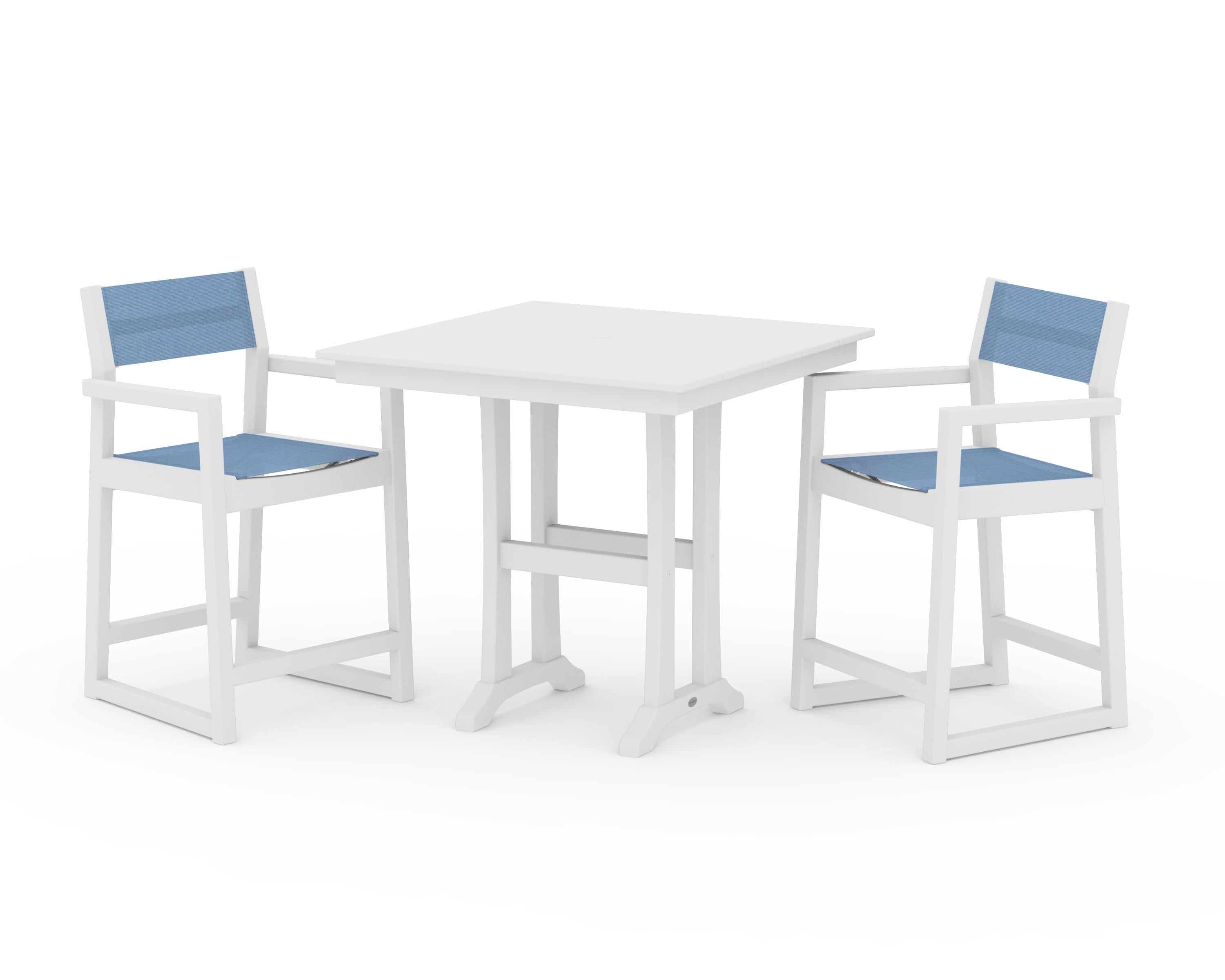 POLYWOOD® EDGE Sling Arm Chair 3-Piece Farmhouse Counter Set with Trestle Legs in White / Poolside Sling