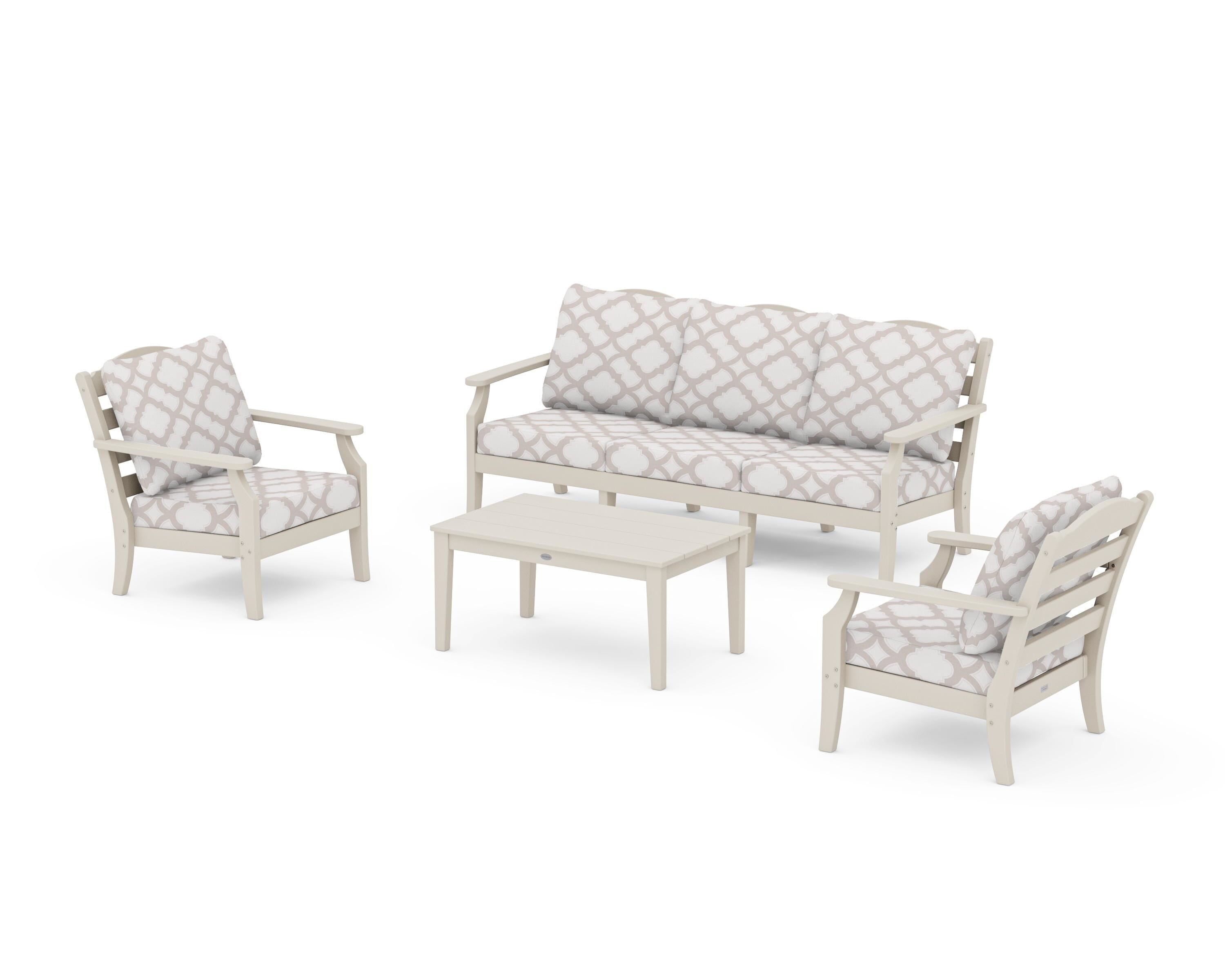 Draper James™ by POLYWOOD® Savannah 4-Piece Deep Seating Set with Sofa in Sand / Trellis Dune Burlap