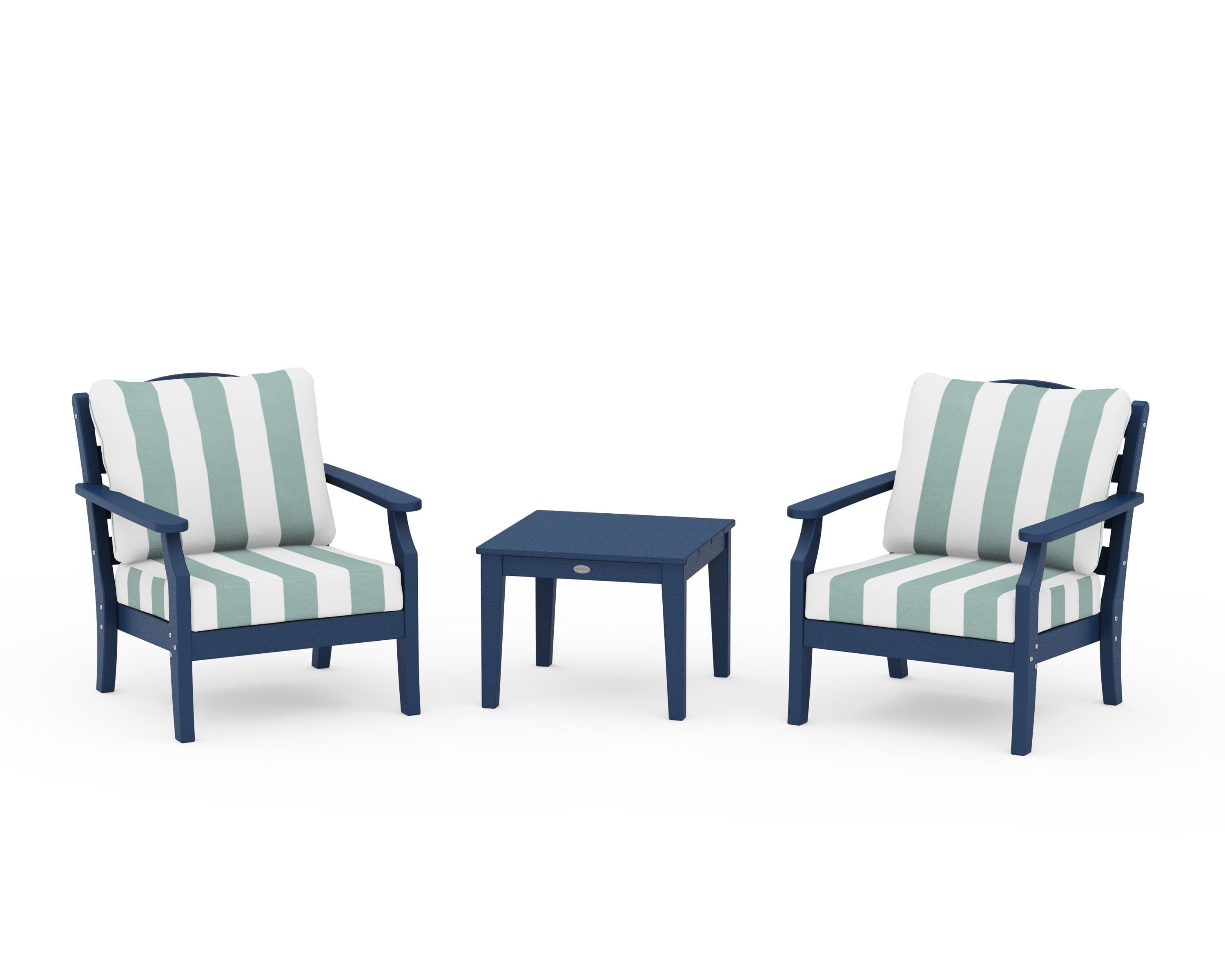 Draper James™ by POLYWOOD® Savannah 3-Piece Deep Seating Set in Navy / Cabana Stripe Glacier Spa