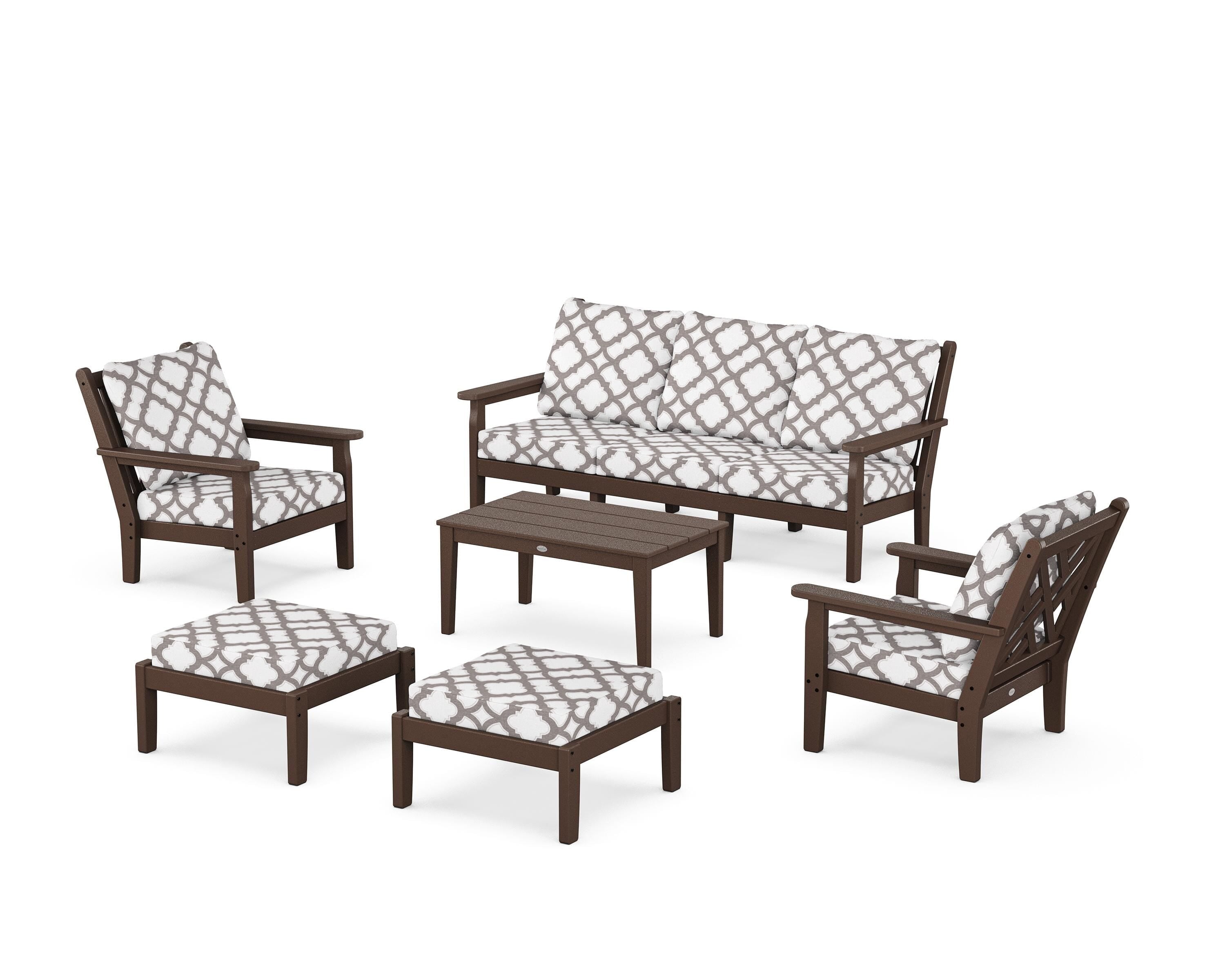 POLYWOOD® Chippendale 6-Piece Lounge Sofa Set in Mahogany / Trellis Grey Mist