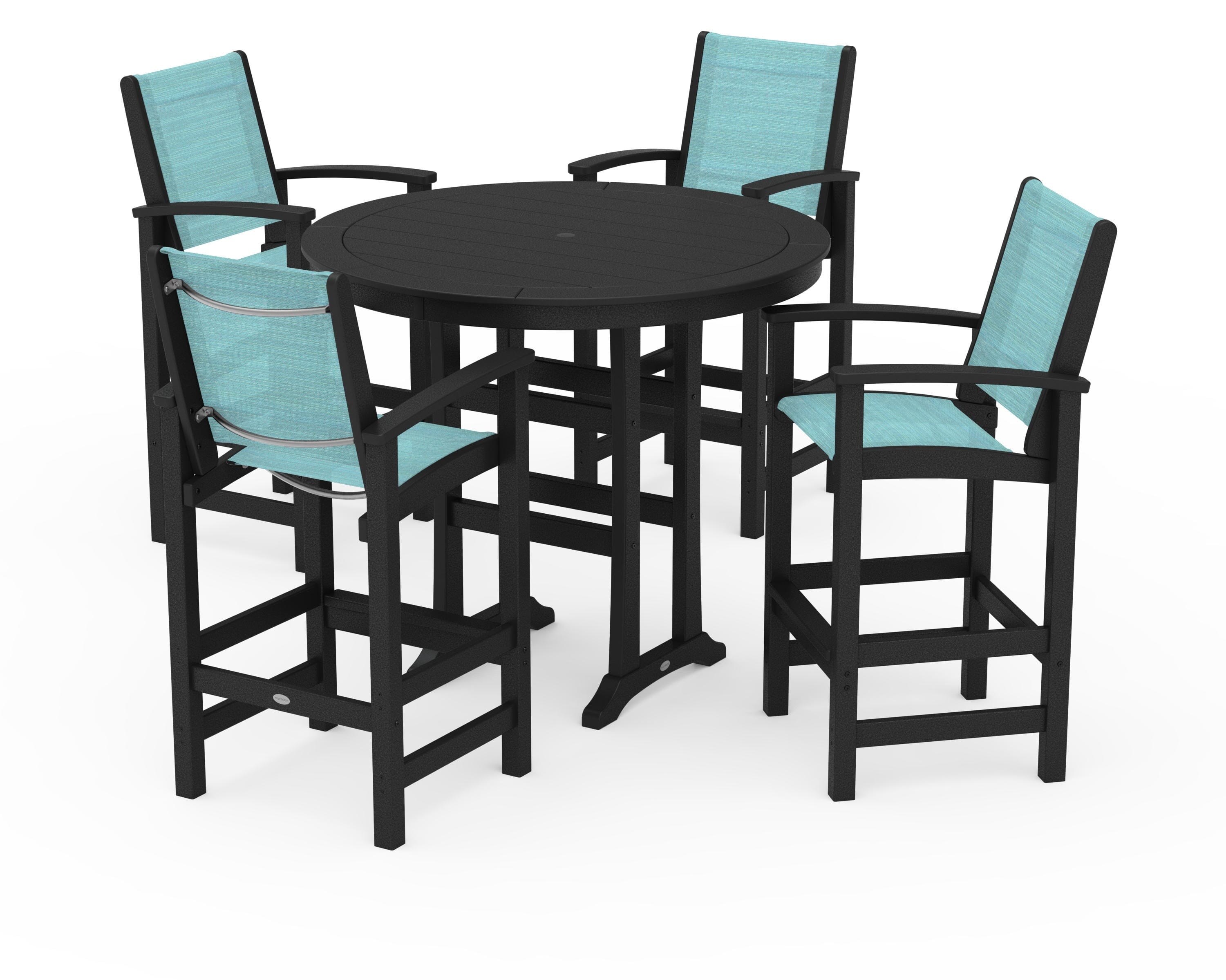 POLYWOOD® Coastal 5-Piece Nautical Trestle Bar Set in Black / Dupioni Aquamarine Sling