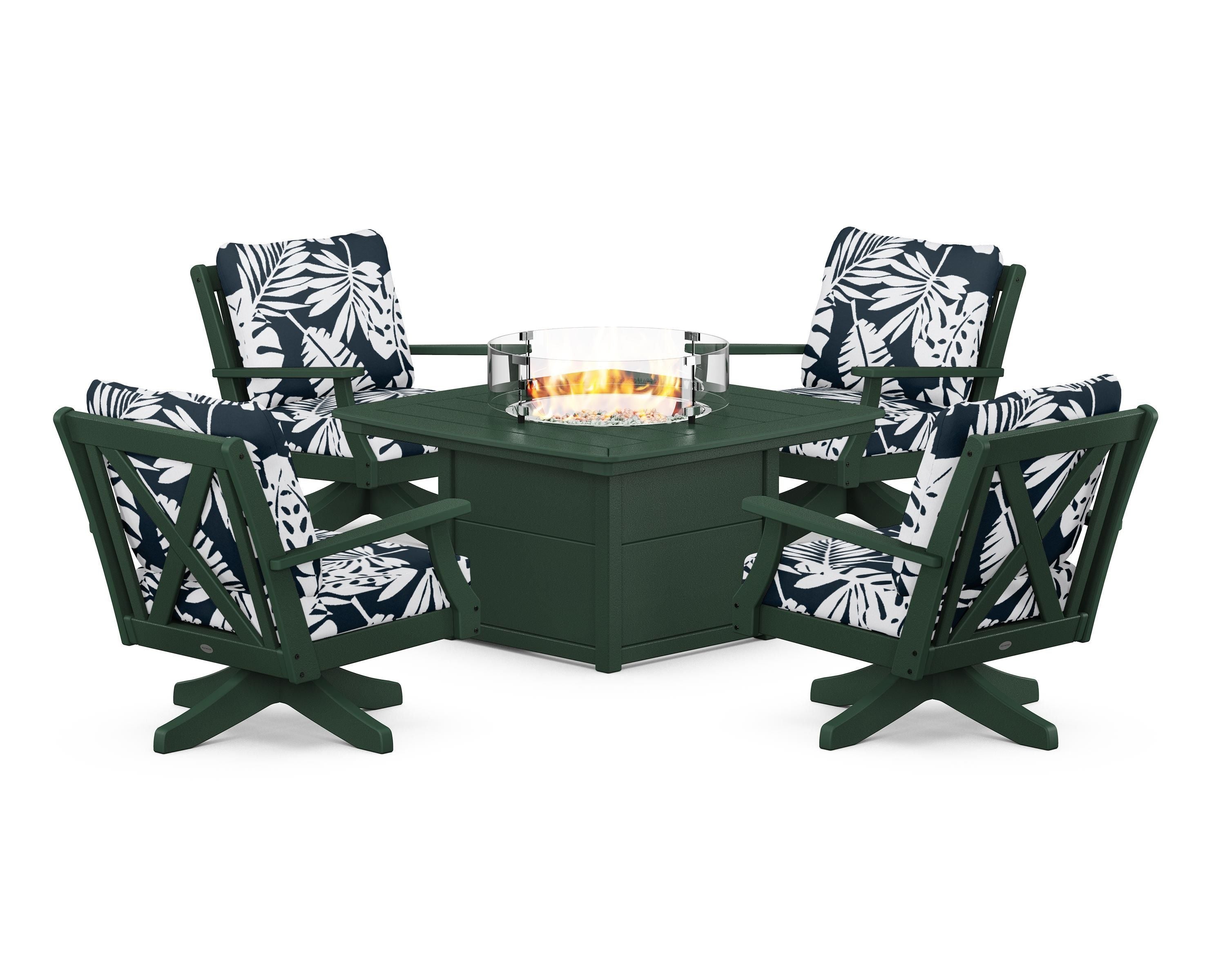 POLYWOOD® Braxton 5-Piece Deep Seating Swivel Conversation Set with Fire Pit Table in Green / Leaf Marine Indigo