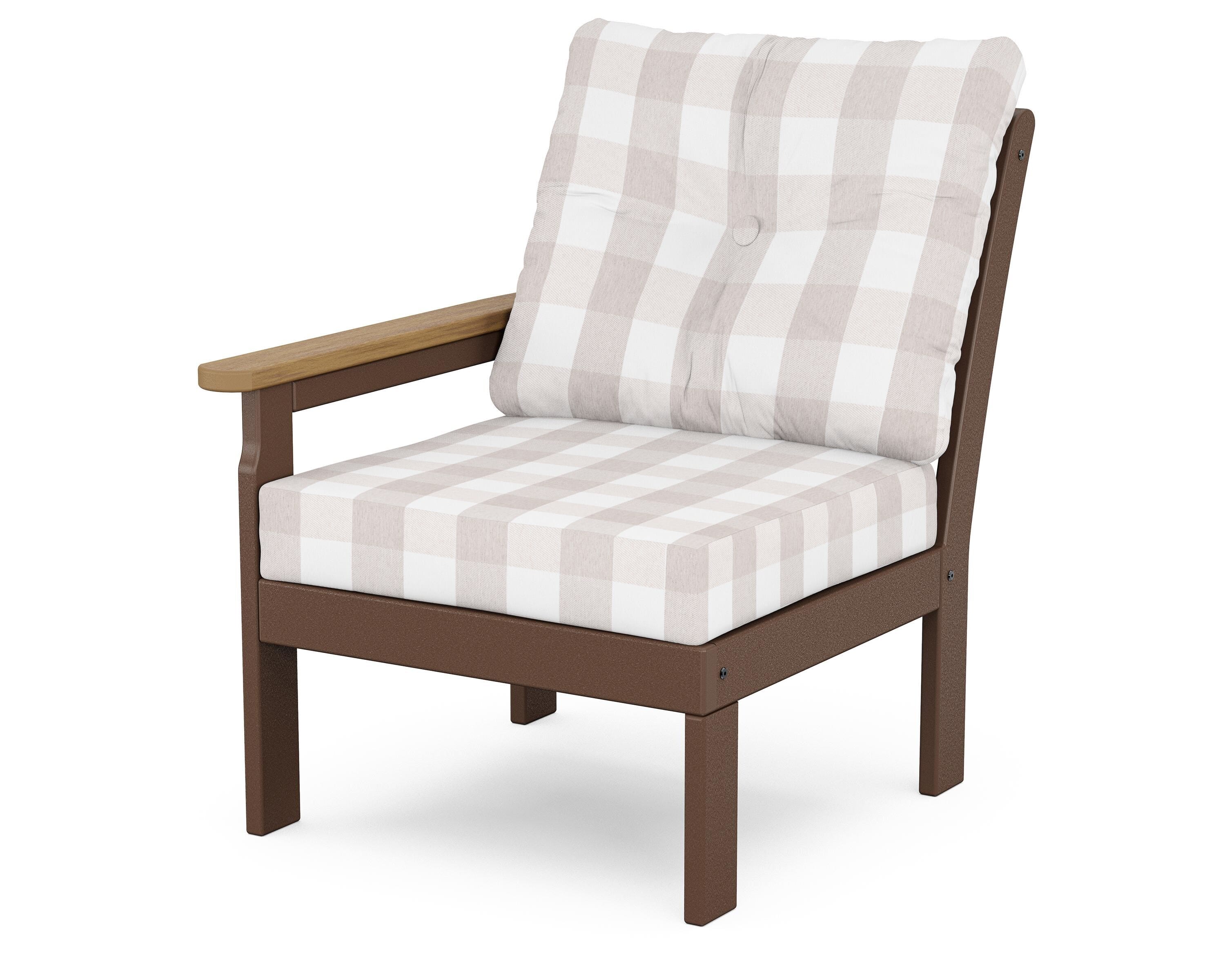 POLYWOOD® Vineyard Modular Left Arm Chair in Mahogany / Natural / Buffalo Plaid Dune Burlap
