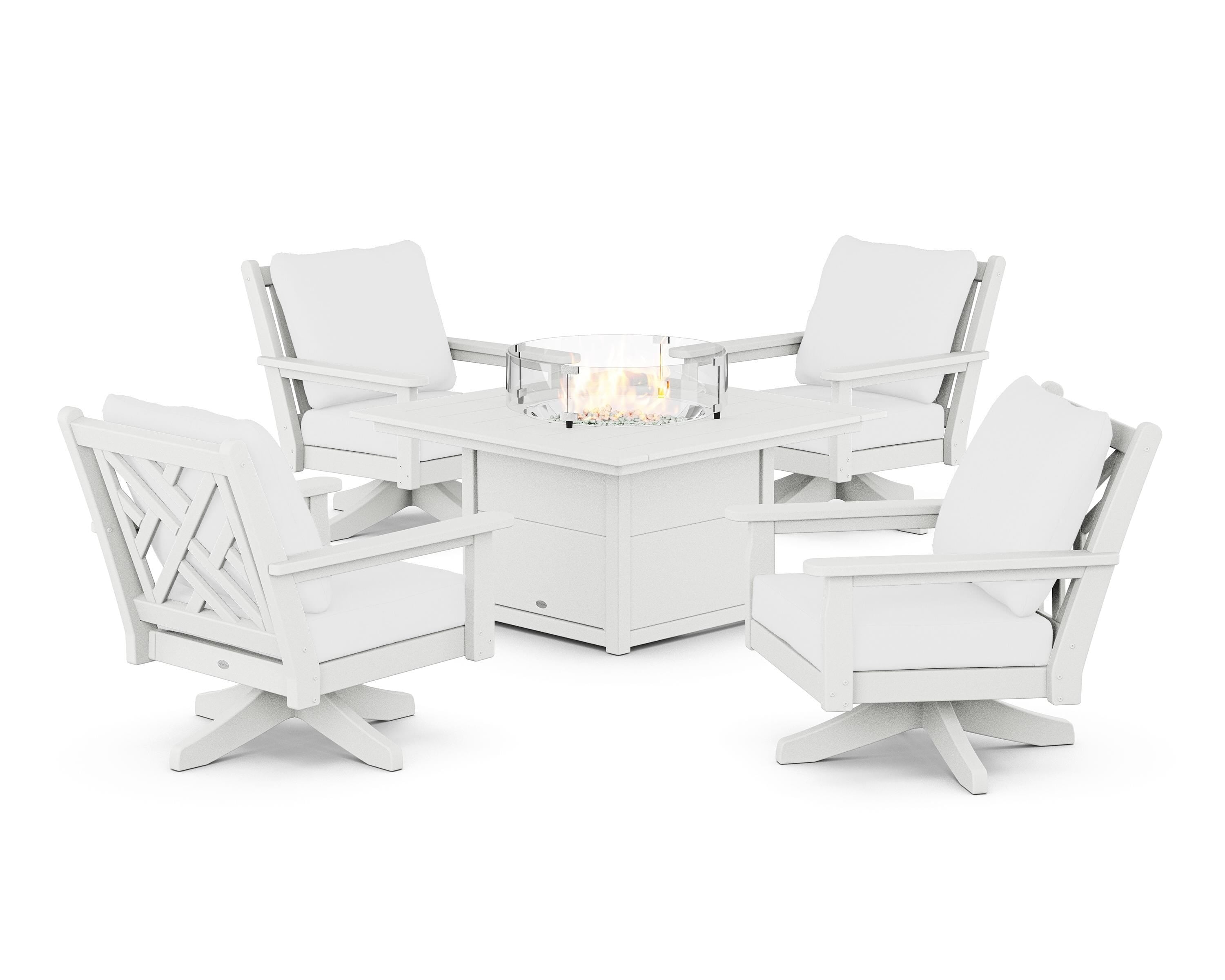 POLYWOOD® Chippendale 5-Piece Deep Seating Swivel Conversation Set with Fire Pit Table in White / Natural