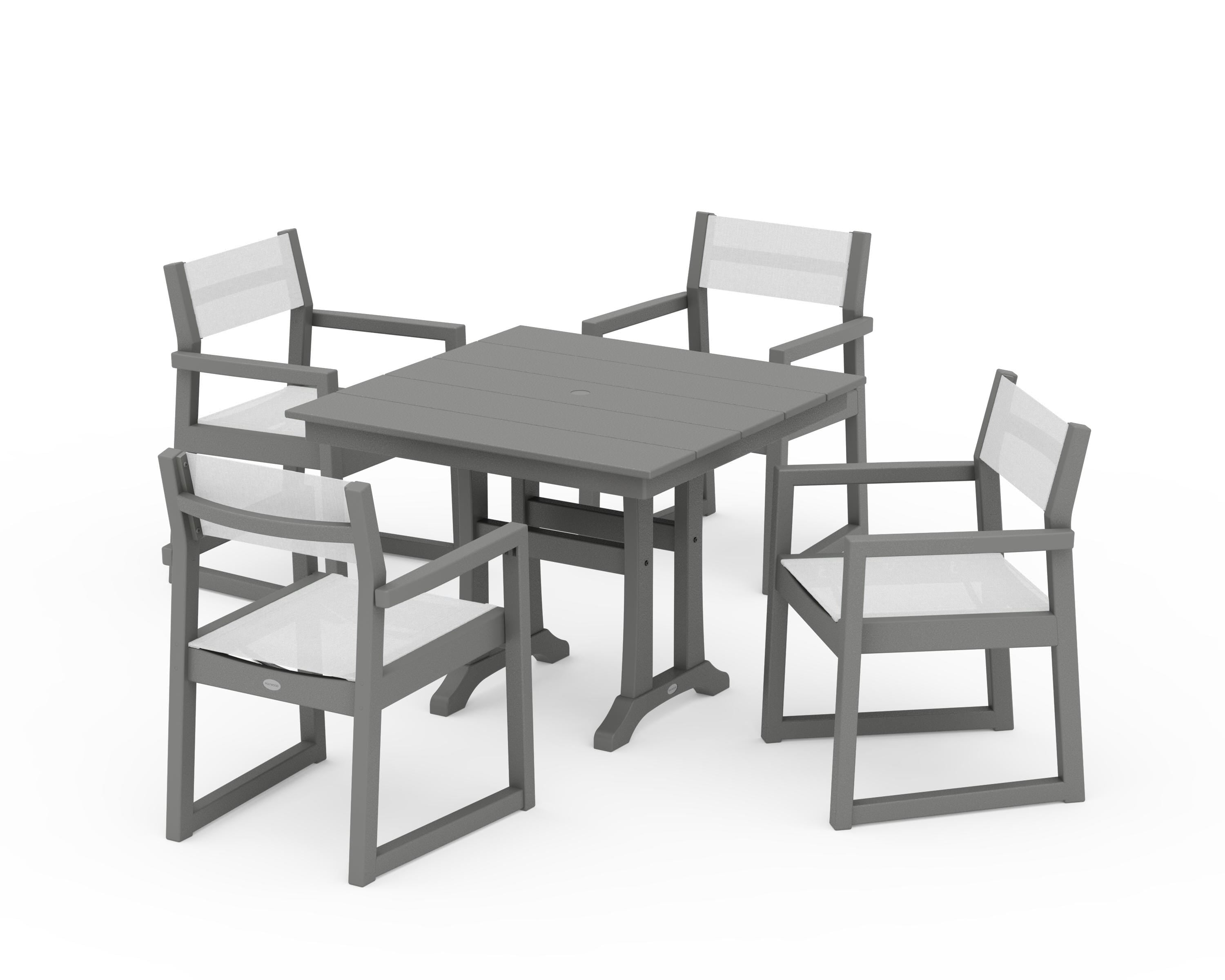 POLYWOOD® EDGE Sling 5-Piece Farmhouse Dining Set with Trestle Legs in Slate Grey / White Sling