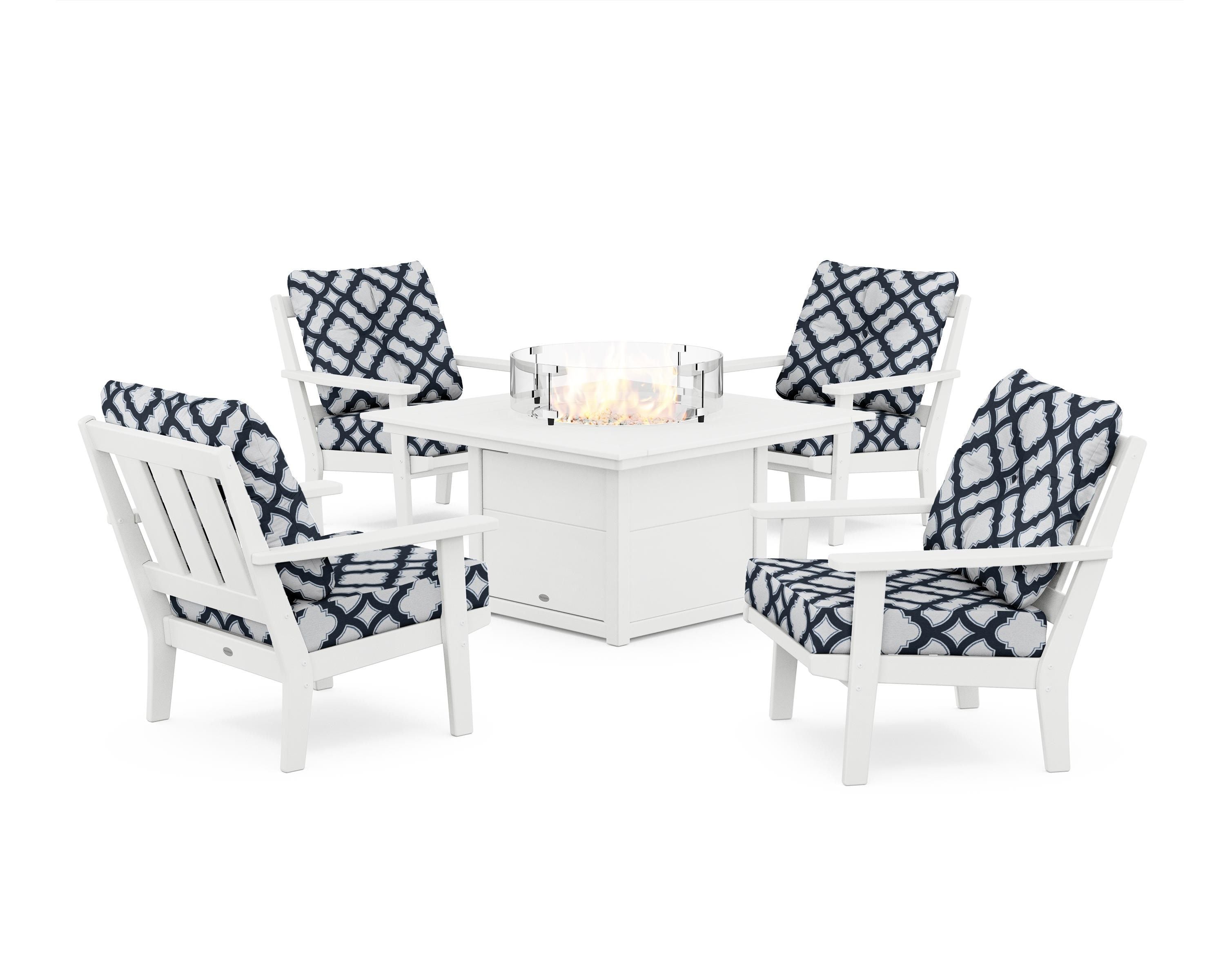 POLYWOOD® Oxford 5-Piece Deep Seating Set with Fire Pit Table in White / Trellis Marine Indigo