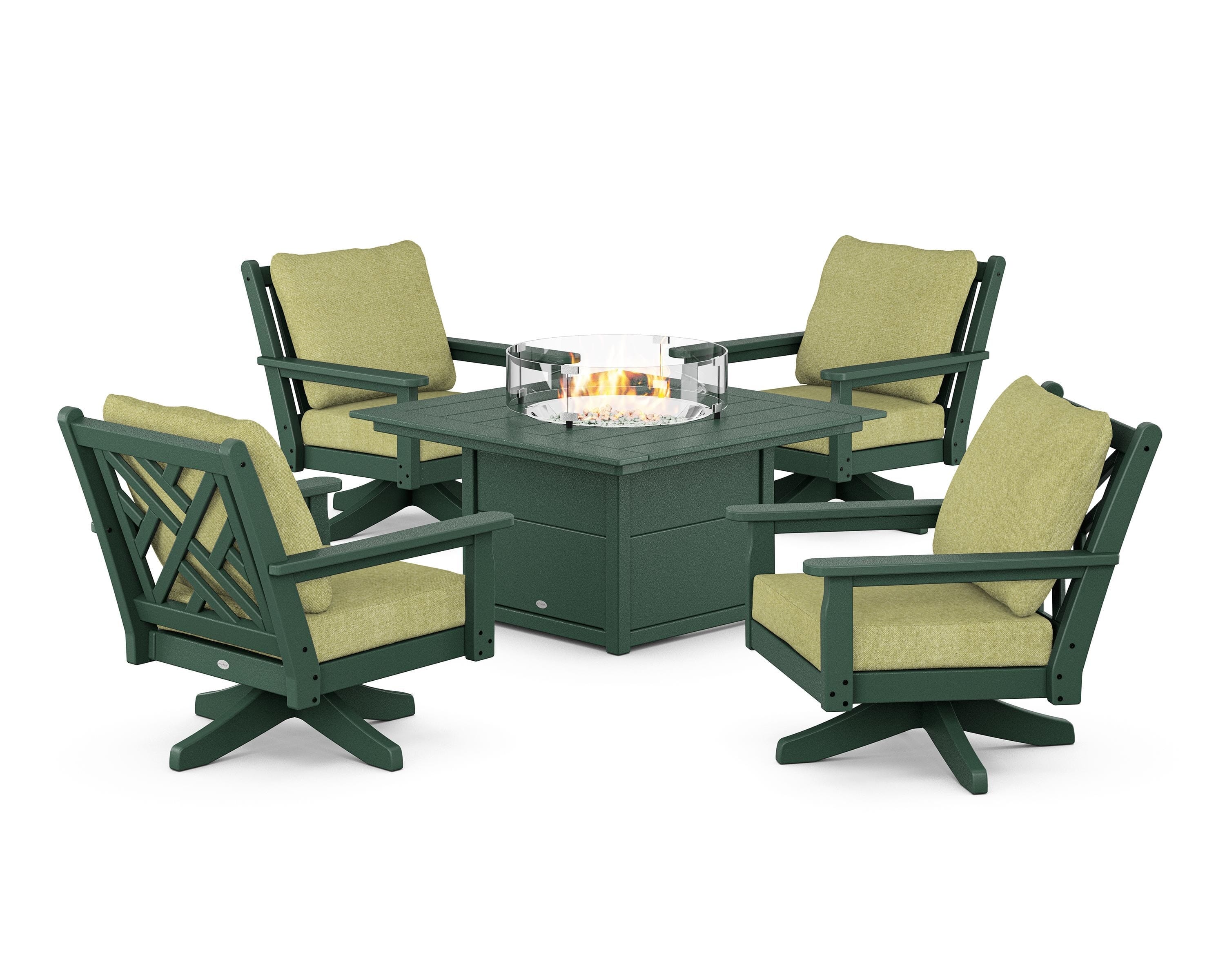 POLYWOOD® Chippendale 5-Piece Deep Seating Swivel Conversation Set with Fire Pit Table in Green / Chartreuse Boucle