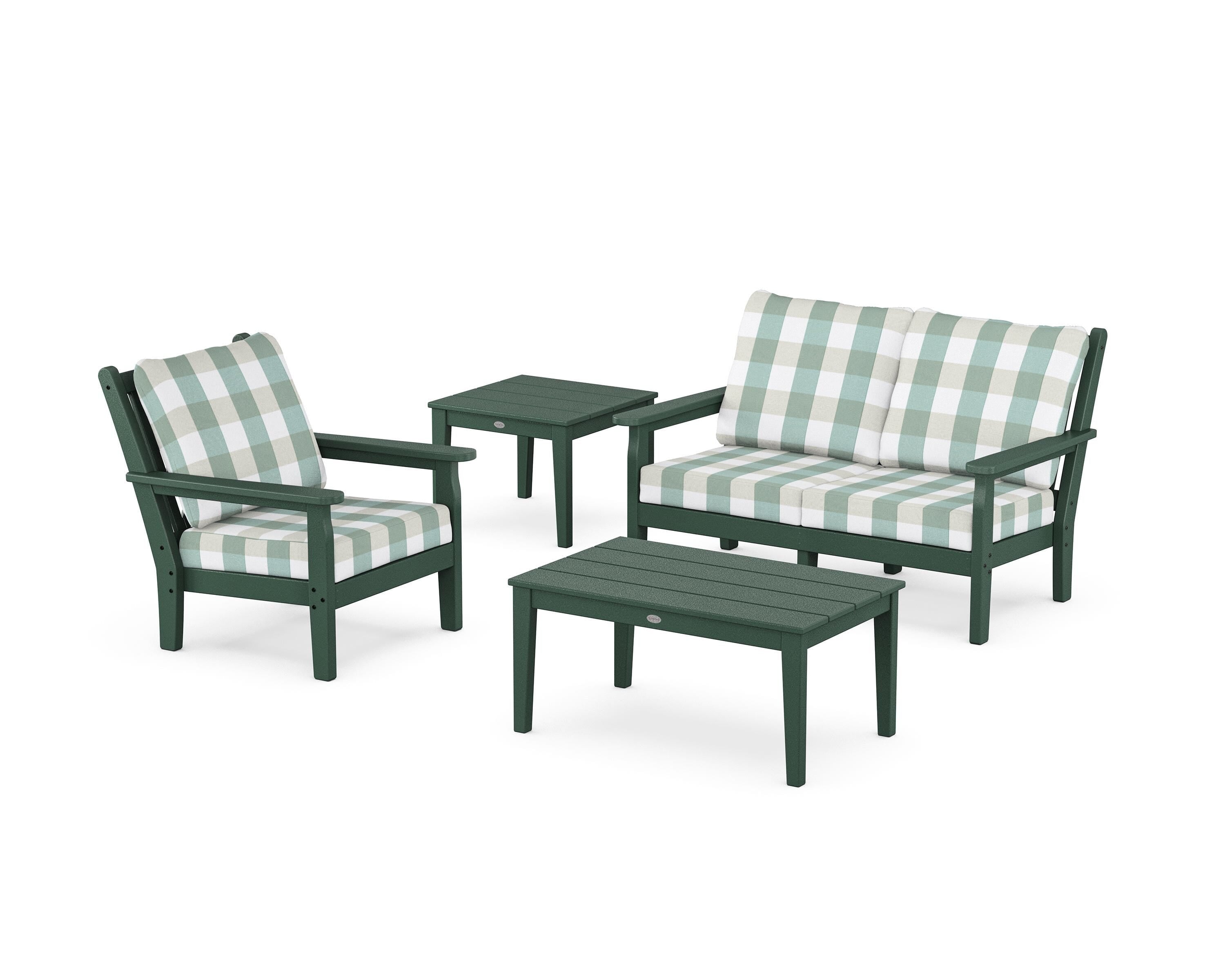 POLYWOOD® Chippendale 4-Piece Deep Seating Set in Green / Buffalo Plaid Glacier Spa