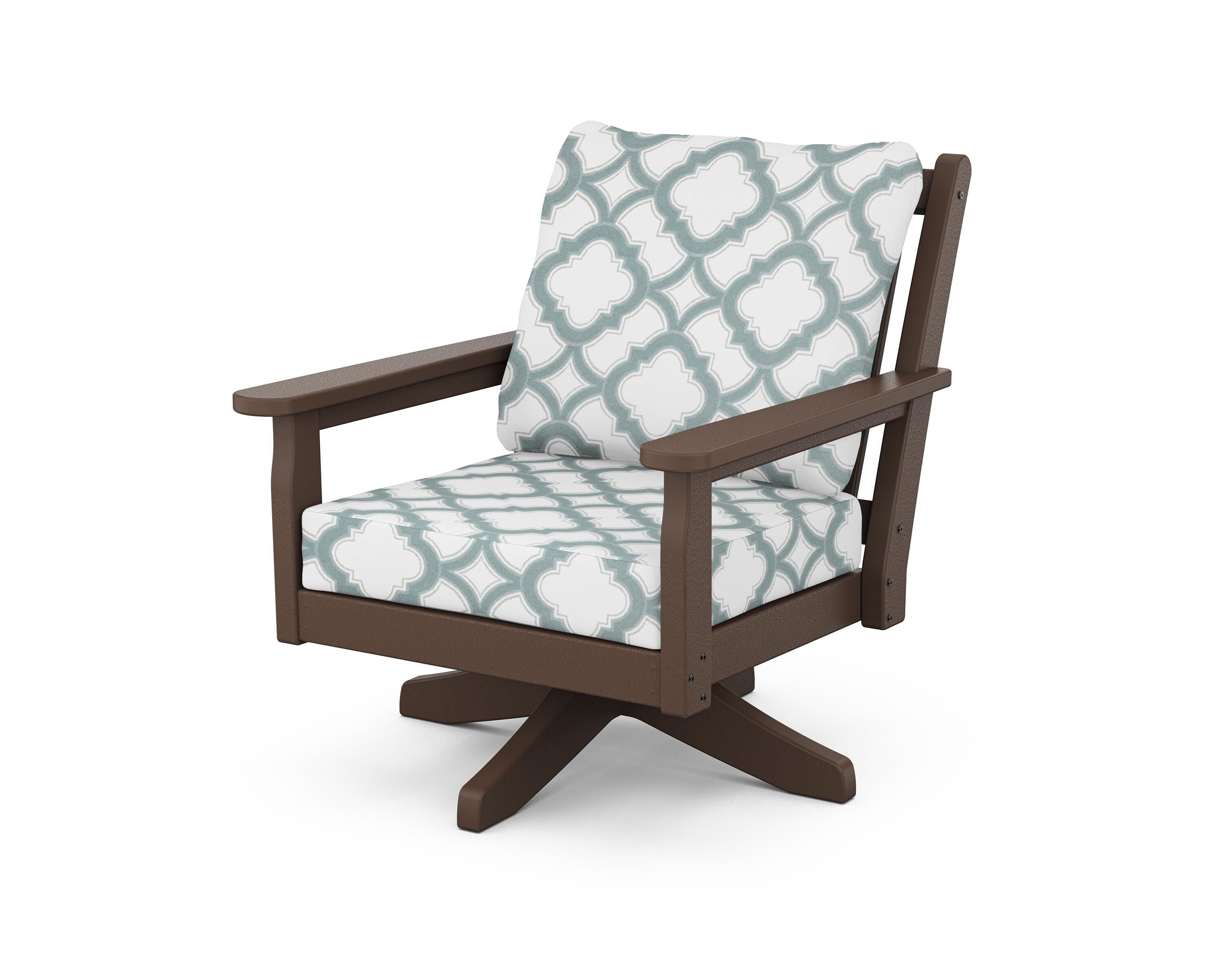 POLYWOOD® Chippendale Deep Seating Swivel Chair in Mahogany / Trellis Glacier Spa