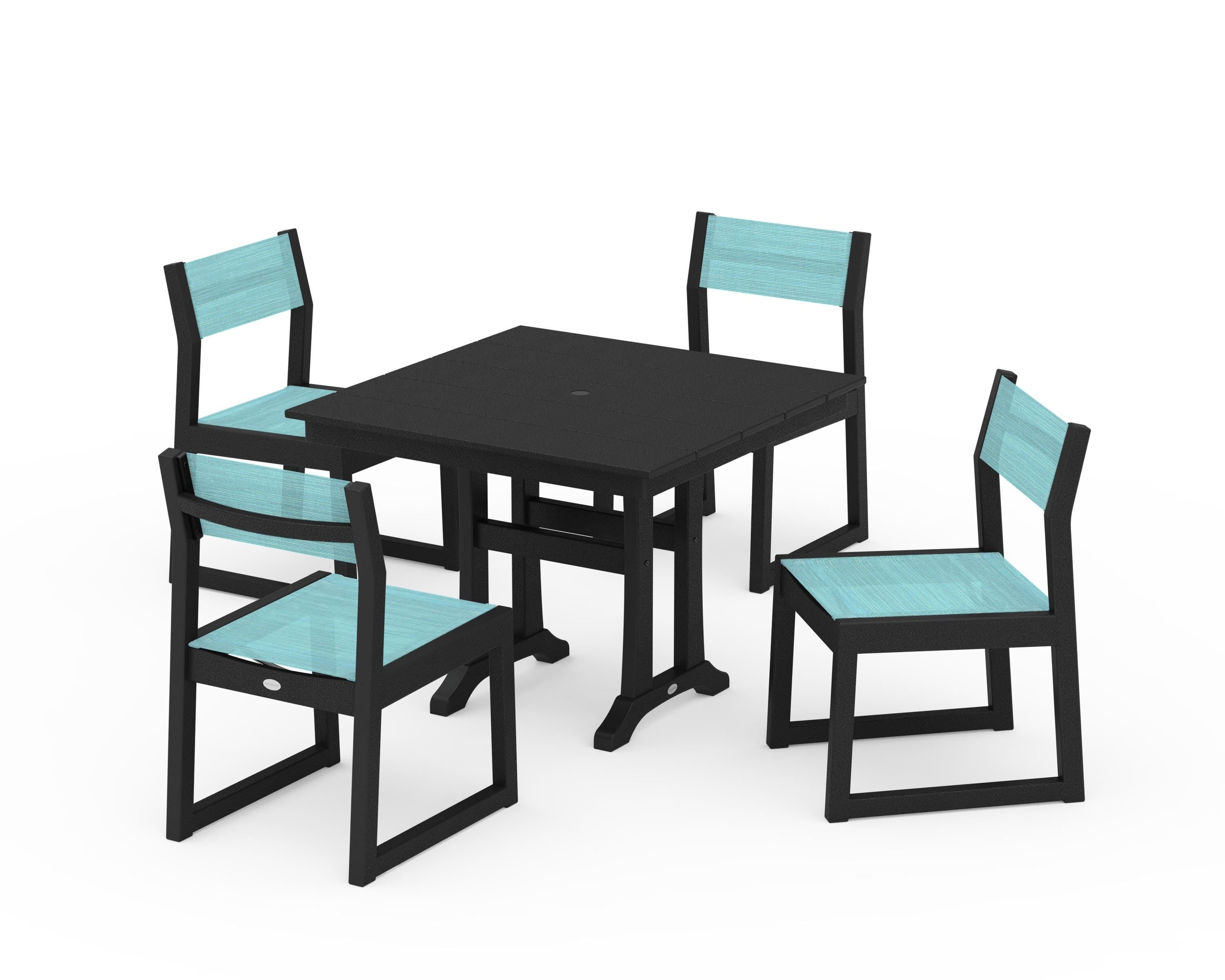 POLYWOOD® EDGE Sling 5-Piece Farmhouse Trestle Side Chair Dining Set in Black / Dupioni Aquamarine Sling