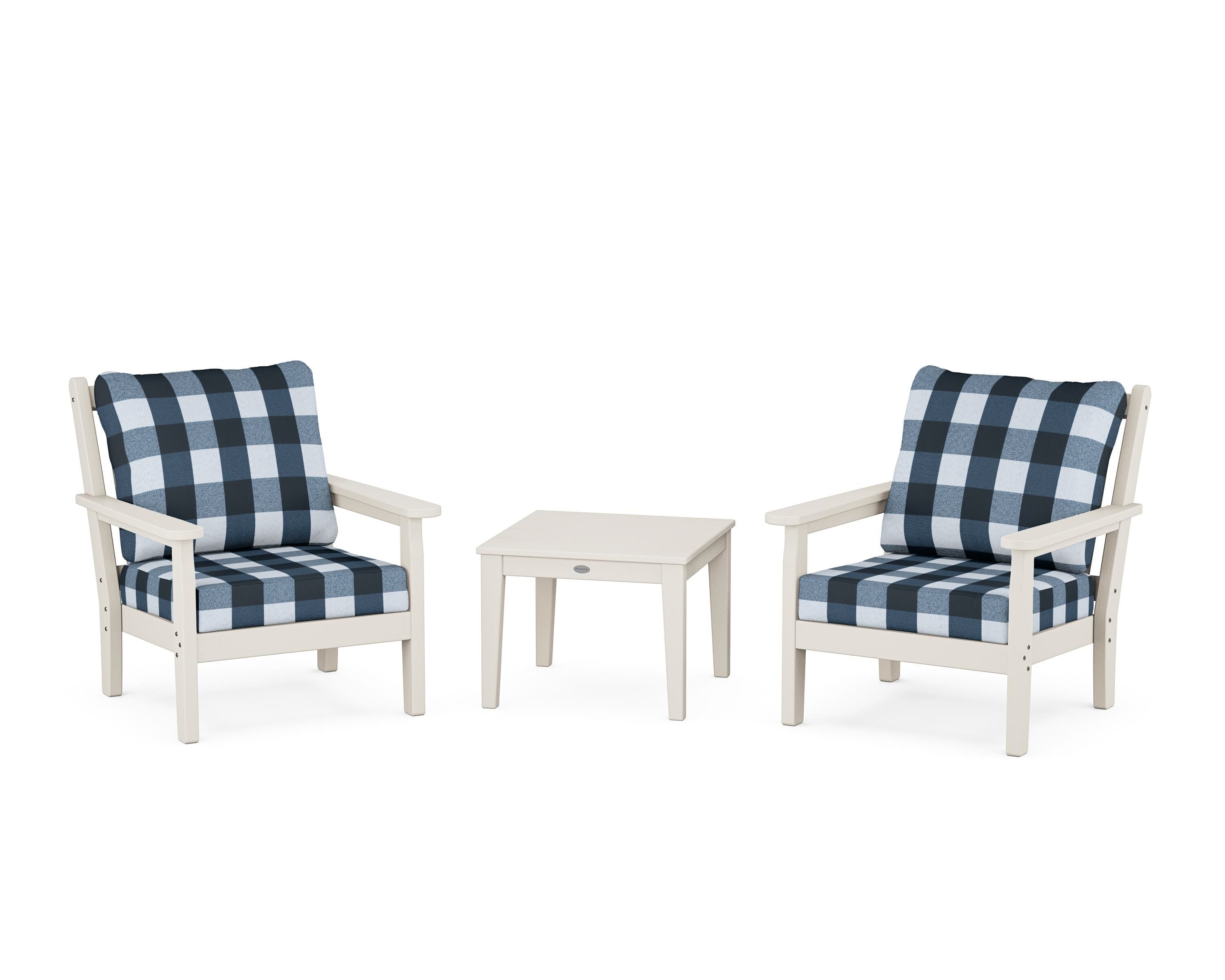 POLYWOOD® Chippendale 3-Piece Deep Seating Set in Sand / Buffalo Plaid Marine Indigo