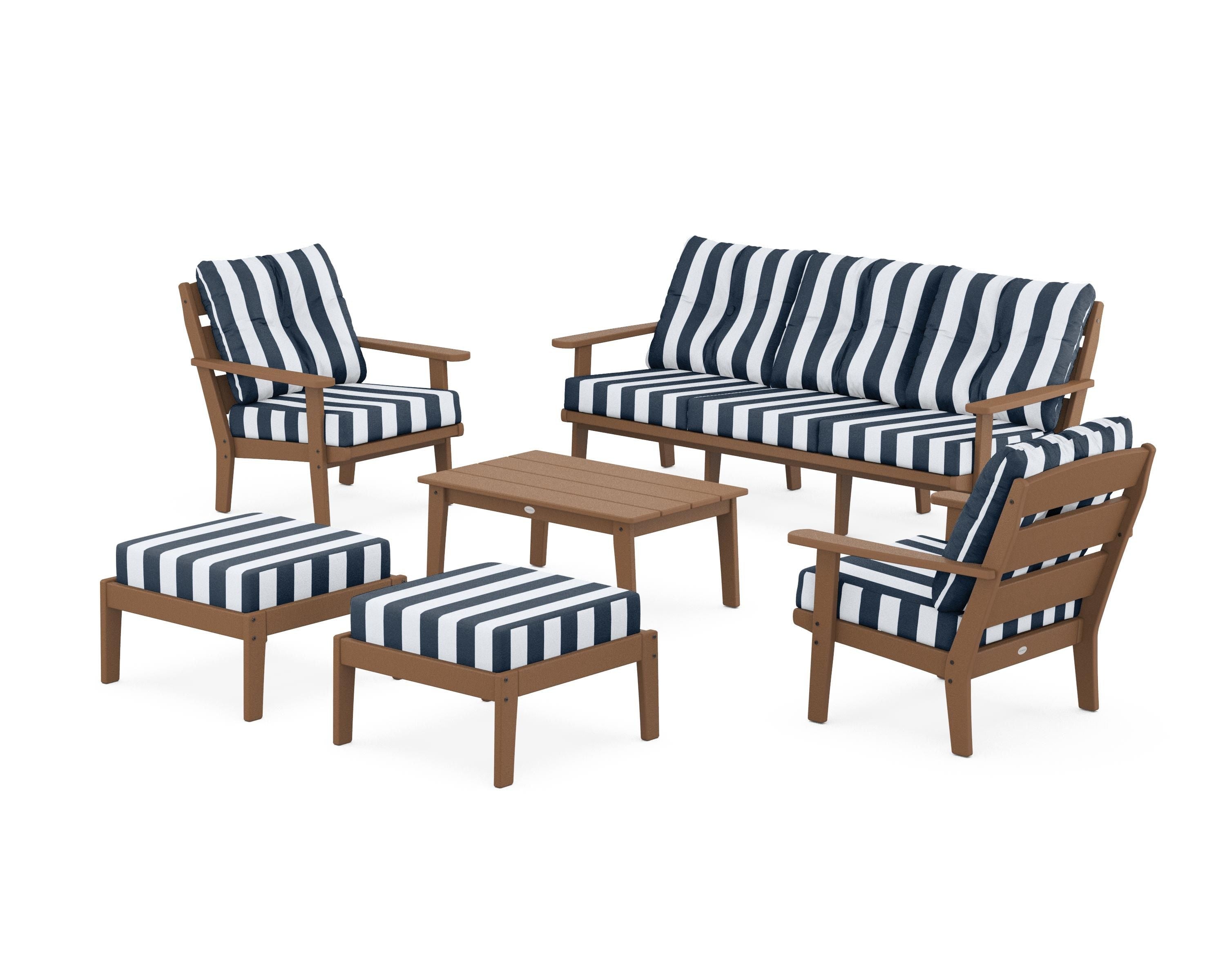 POLYWOOD® Lakeside 6-Piece Lounge Sofa Set in Teak / Cabana Stripe Marine Indigo
