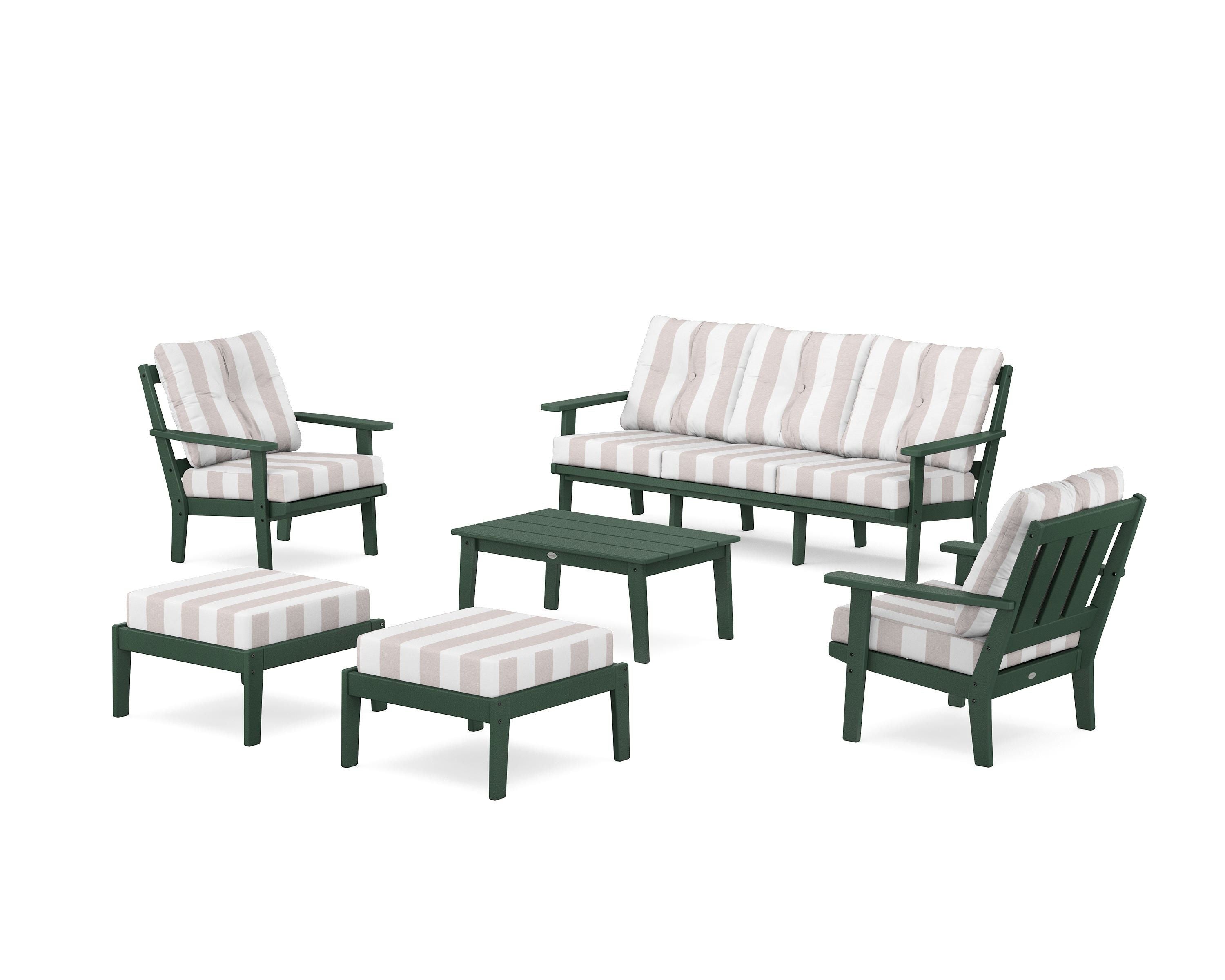 POLYWOOD® Oxford 6-Piece Lounge Sofa Set in Green / Cabana Stripe Dune Burlap