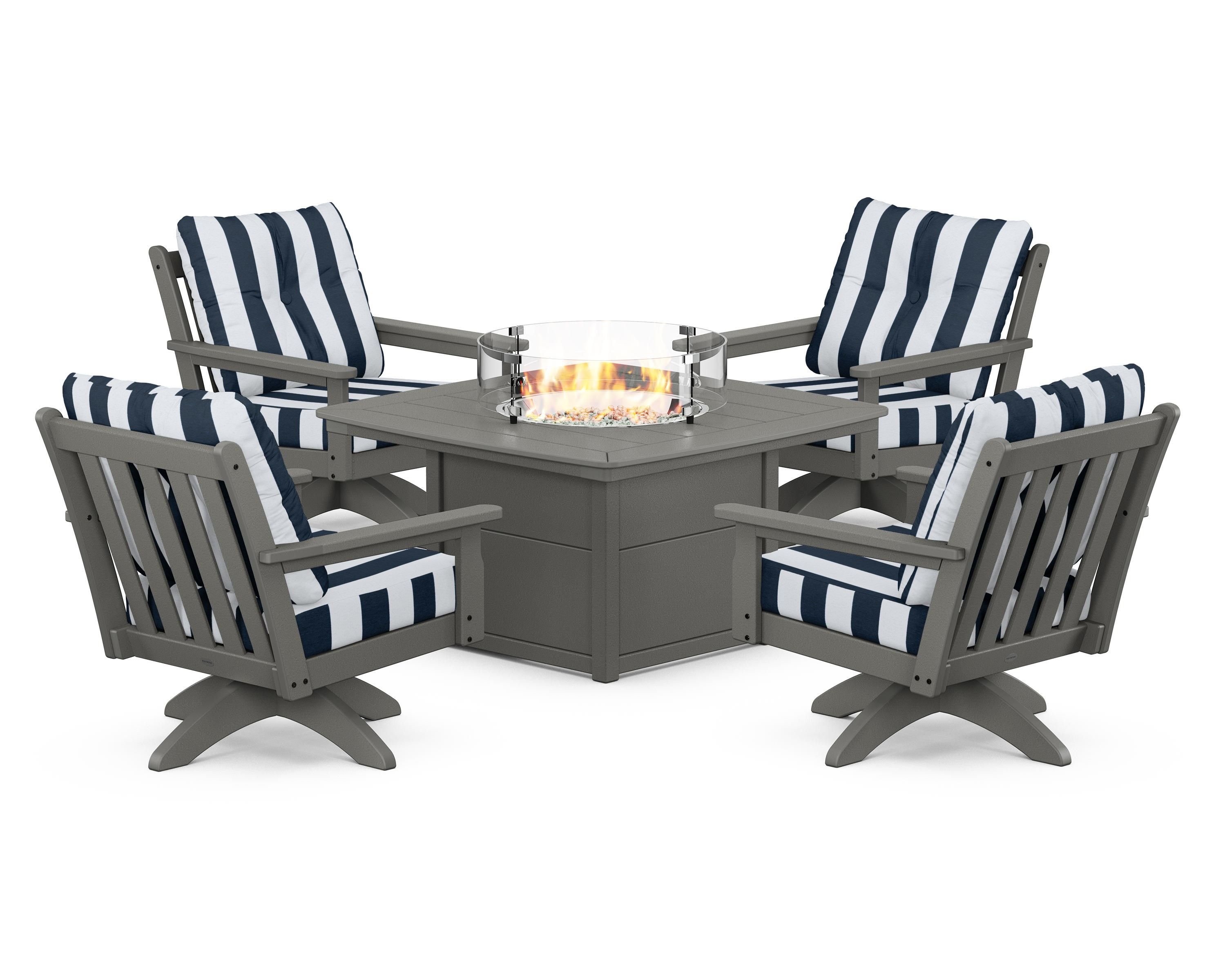 POLYWOOD® Vineyard 5-Piece Deep Seating Swivel Conversation Set with Fire Pit Table in Slate Grey / Cabana Stripe Marine Indigo