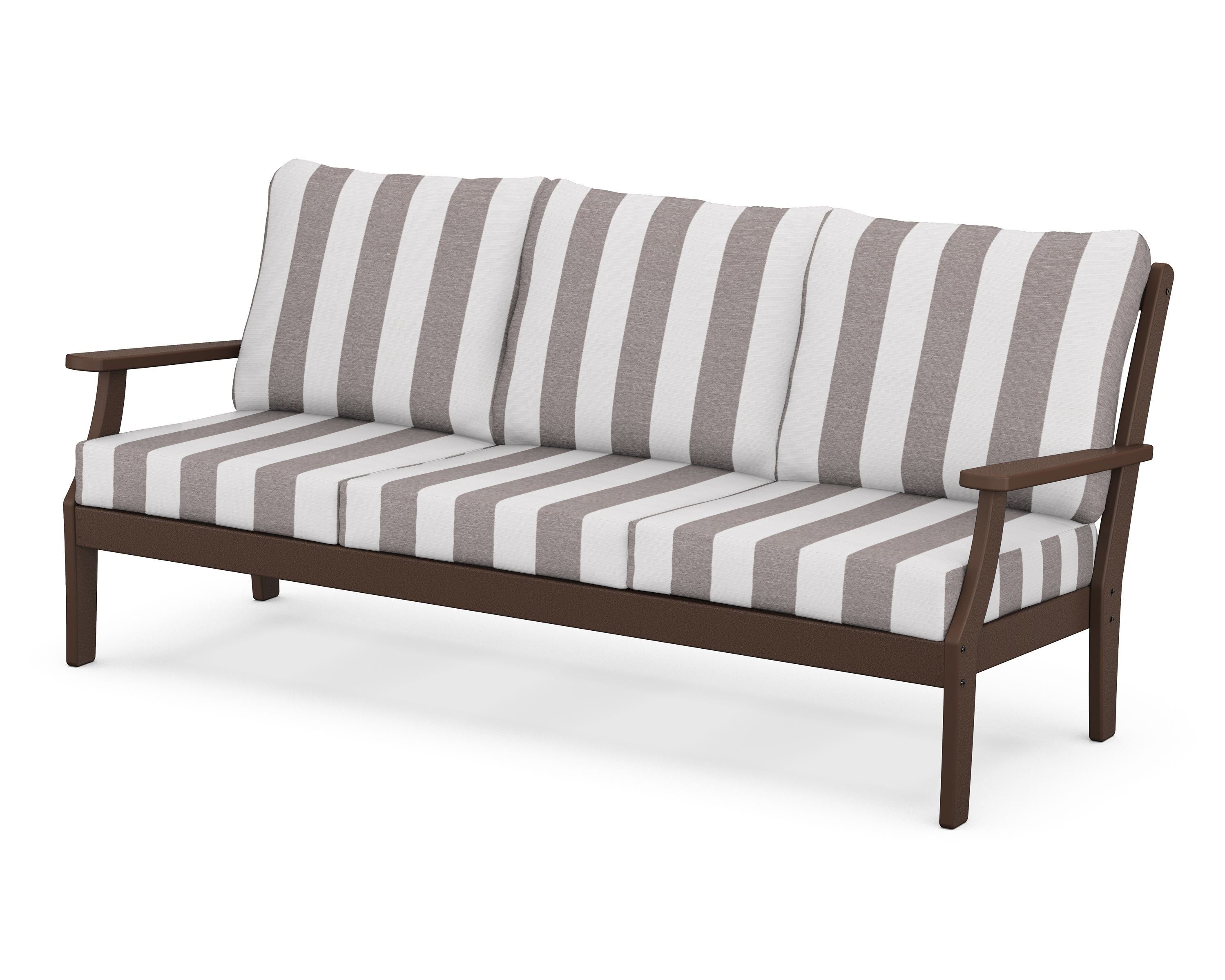 POLYWOOD® Braxton Deep Seating Sofa in Mahogany / Cabana Stripe Grey Mist