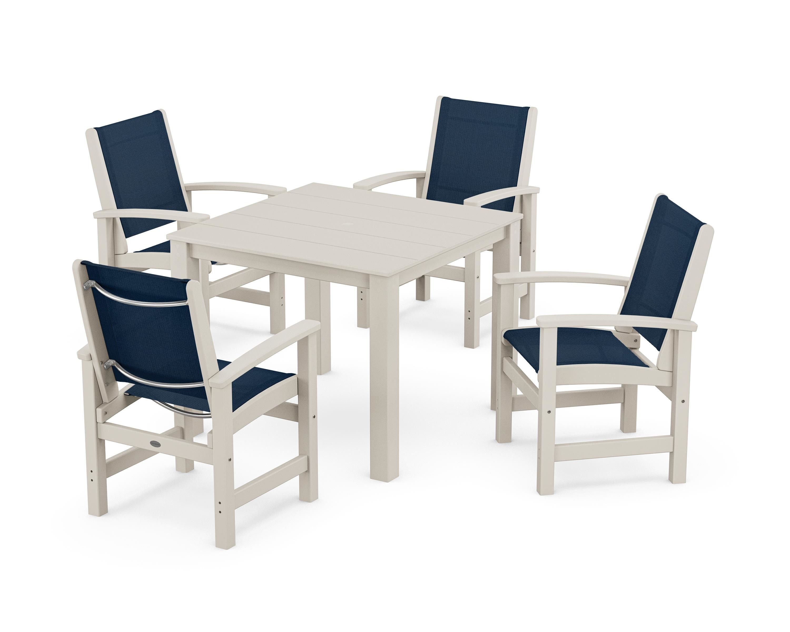 POLYWOOD® Coastal 5-Piece Parsons Dining Set in Sand / Navy Blue Sling