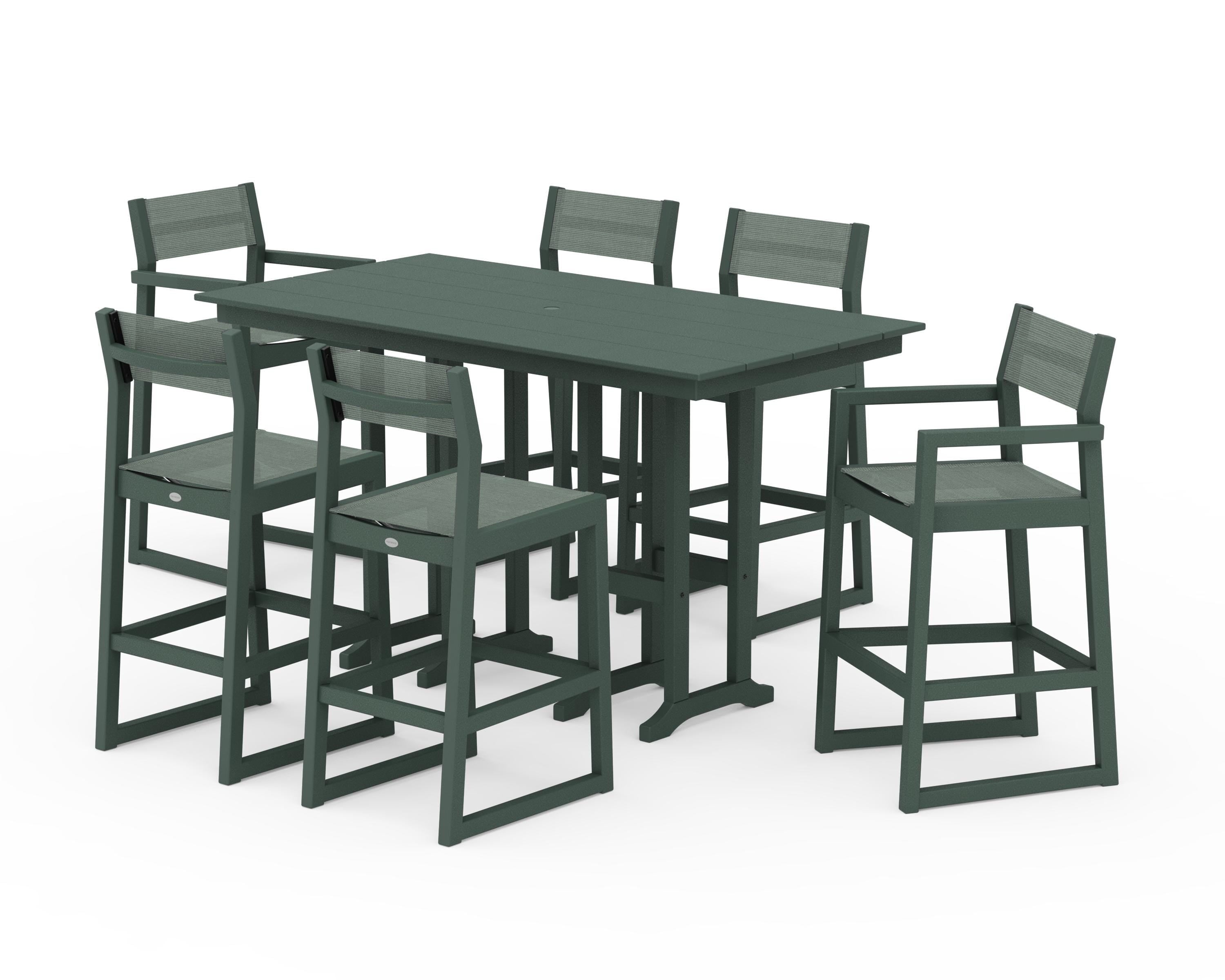 POLYWOOD® EDGE Sling 7-Piece Farmhouse Bar Set in Green / Dupioni Sea Mist Sling