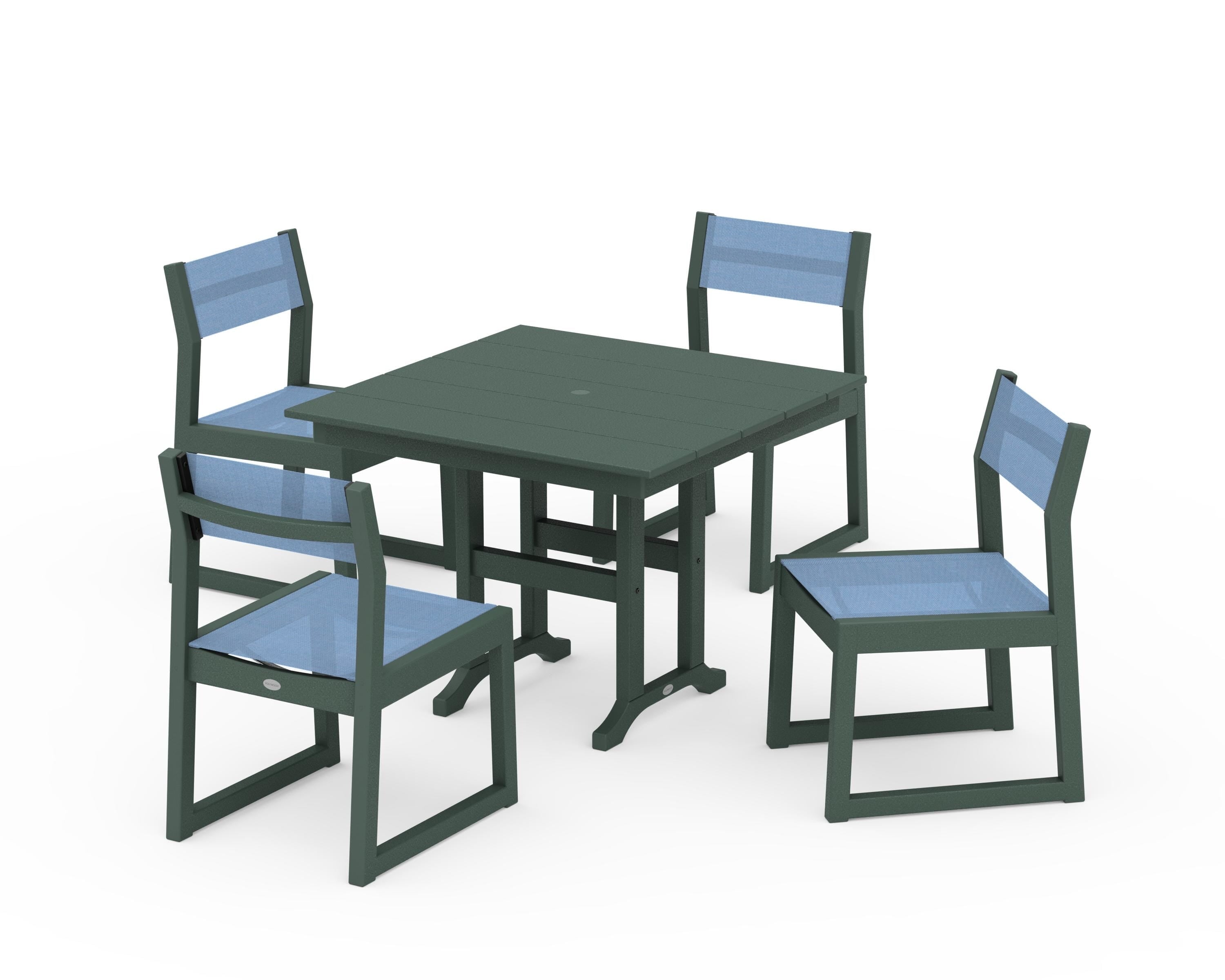 POLYWOOD® EDGE Sling Side Chair 5-Piece Farmhouse Dining Set in Green / Poolside Sling