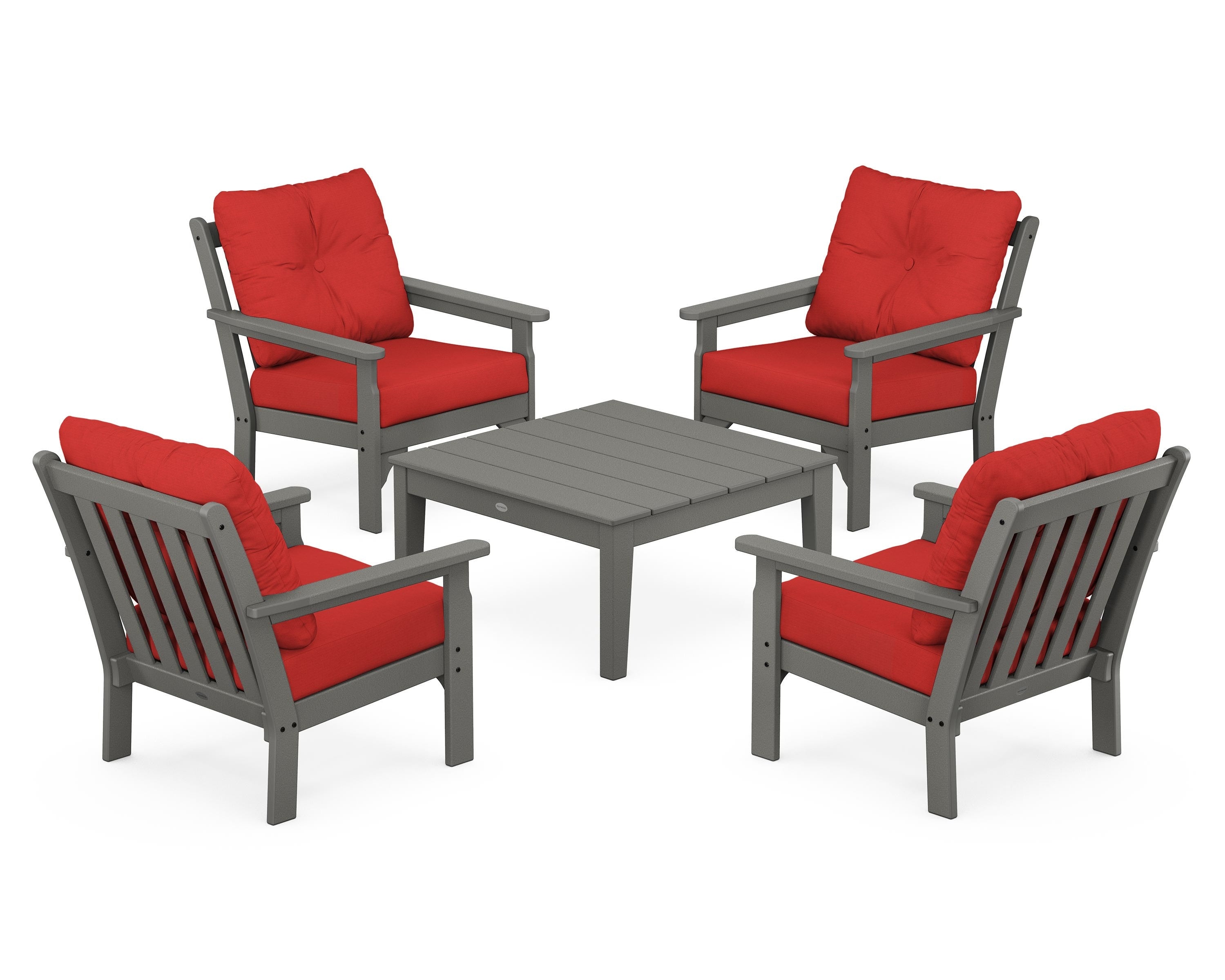 POLYWOOD® Vineyard 5-Piece Deep Seating Conversation Set in Slate Grey / Crimson Linen