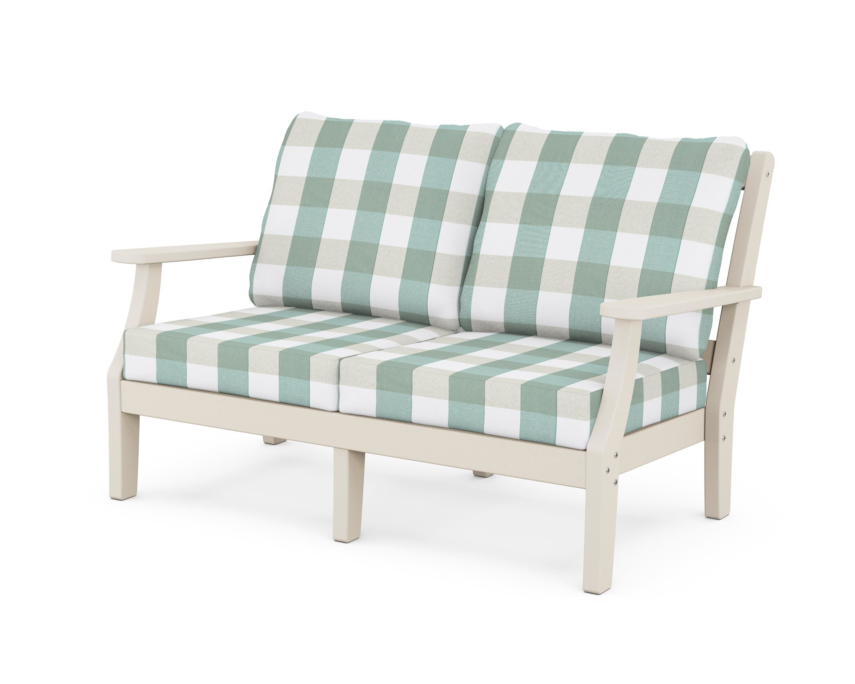 Martha Stewart by POLYWOOD® Chinoiserie Deep Seating Loveseat in Sand / Buffalo Plaid Glacier Spa