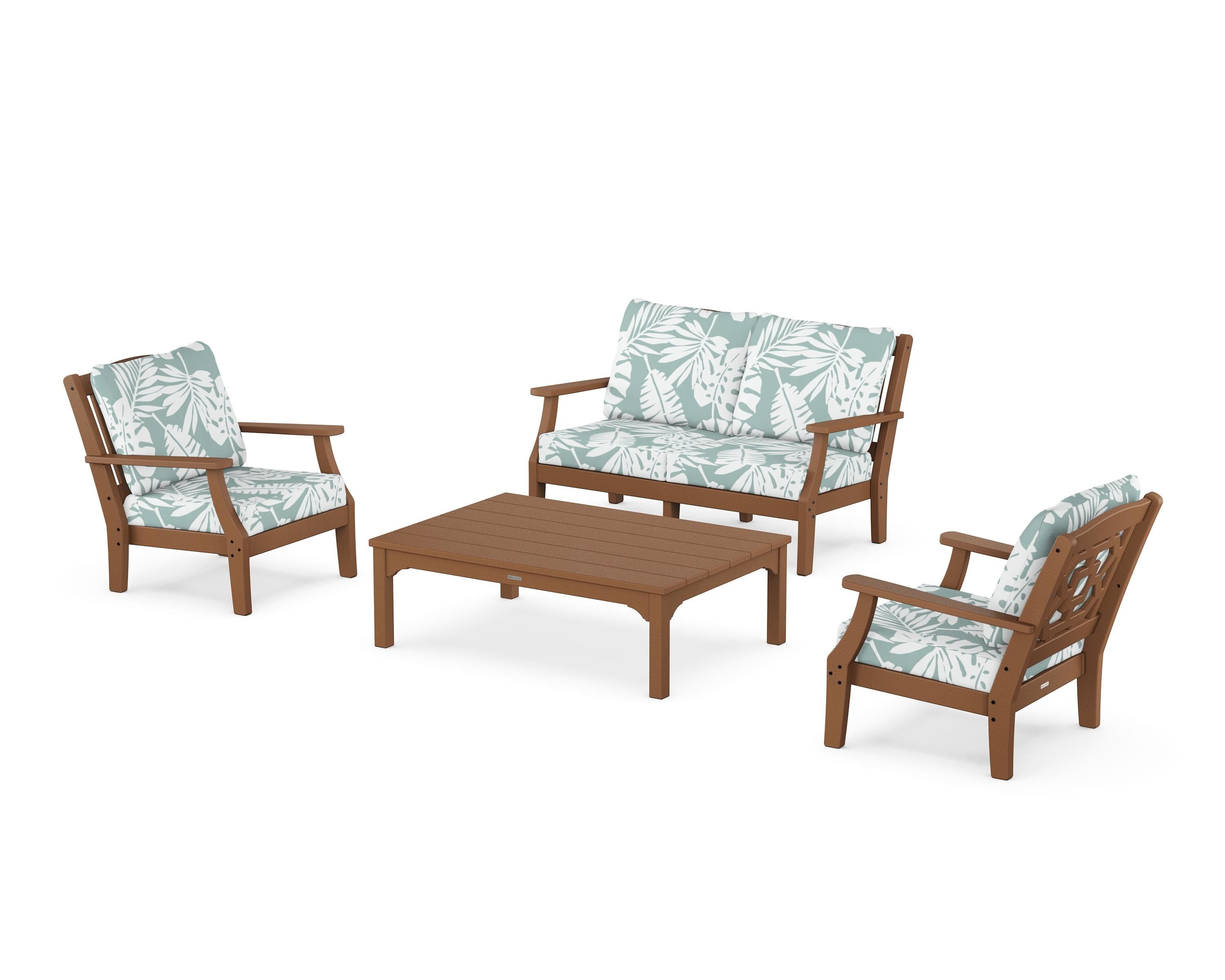 Martha Stewart by POLYWOOD® Chinoiserie 4-Piece Deep Seating Set with Loveseat in Teak / Leaf Glacier Spa