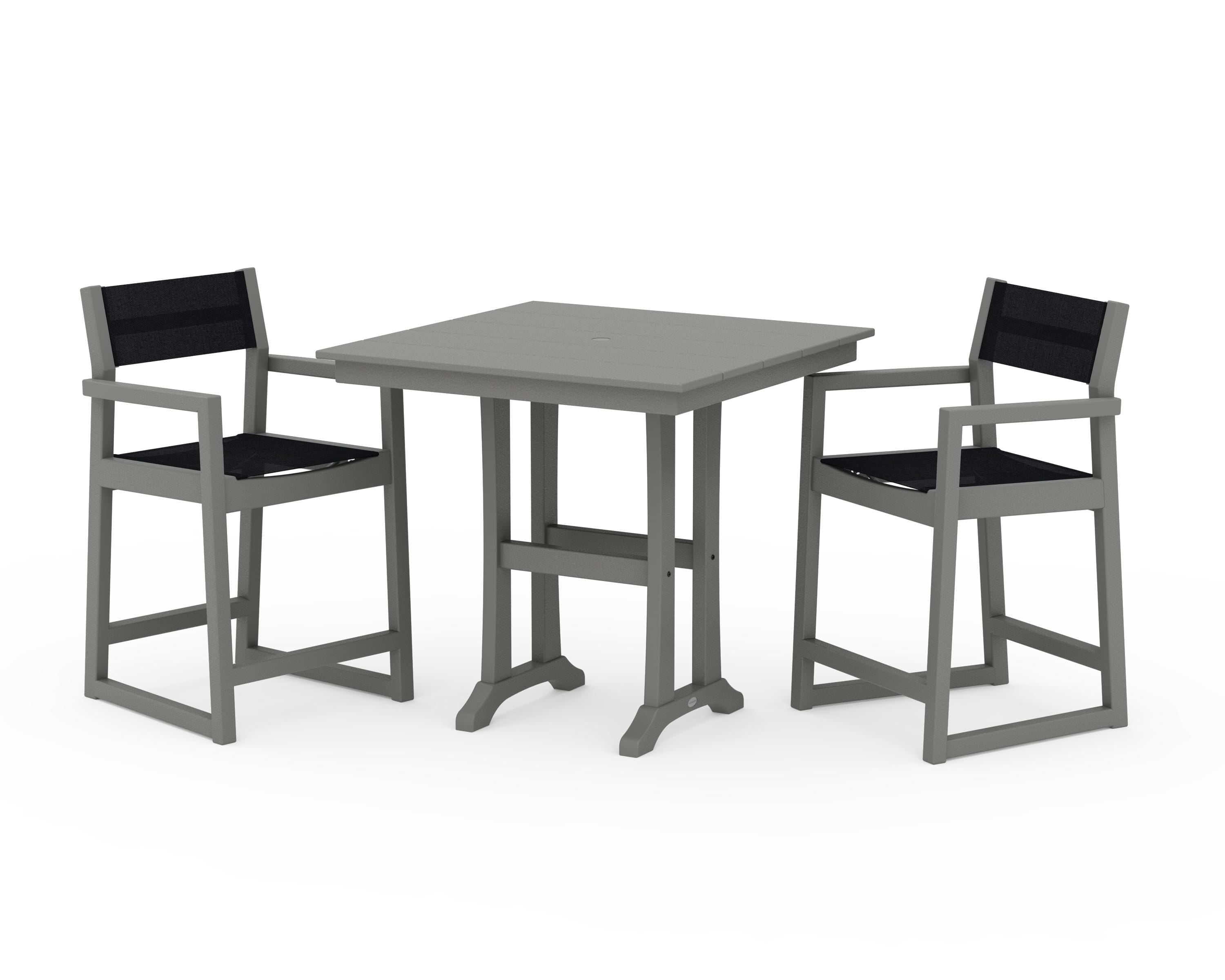 POLYWOOD® EDGE Sling Arm Chair 3-Piece Farmhouse Counter Set with Trestle Legs in Slate Grey / Black Sling