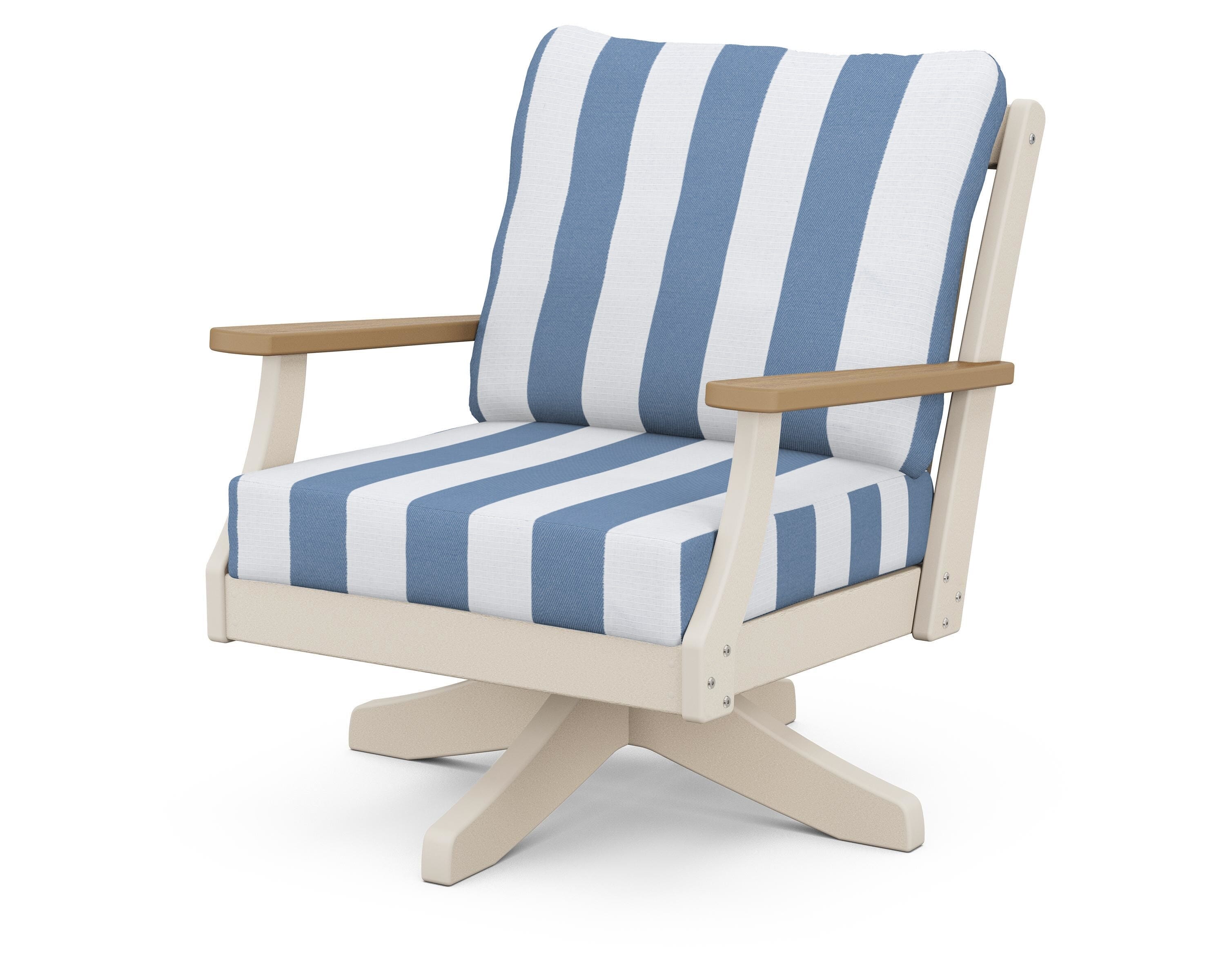 POLYWOOD® Braxton Deep Seating Swivel Chair in Sand / Natural / Cabana Stripe Sky Blue