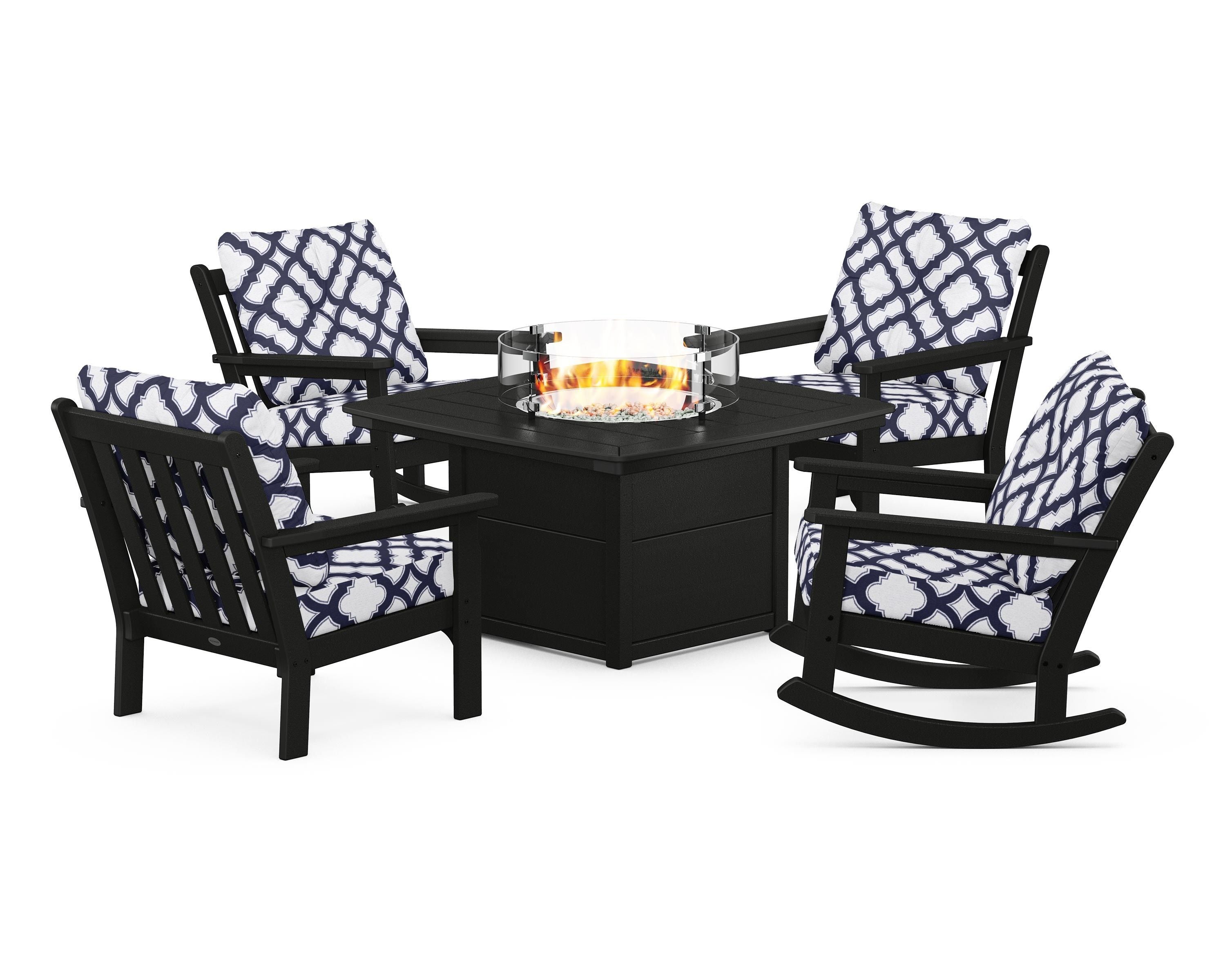 POLYWOOD® Vineyard 5-Piece Deep Seating Rocking Chair Conversation Set with Fire Pit Table in Black / Trellis Navy