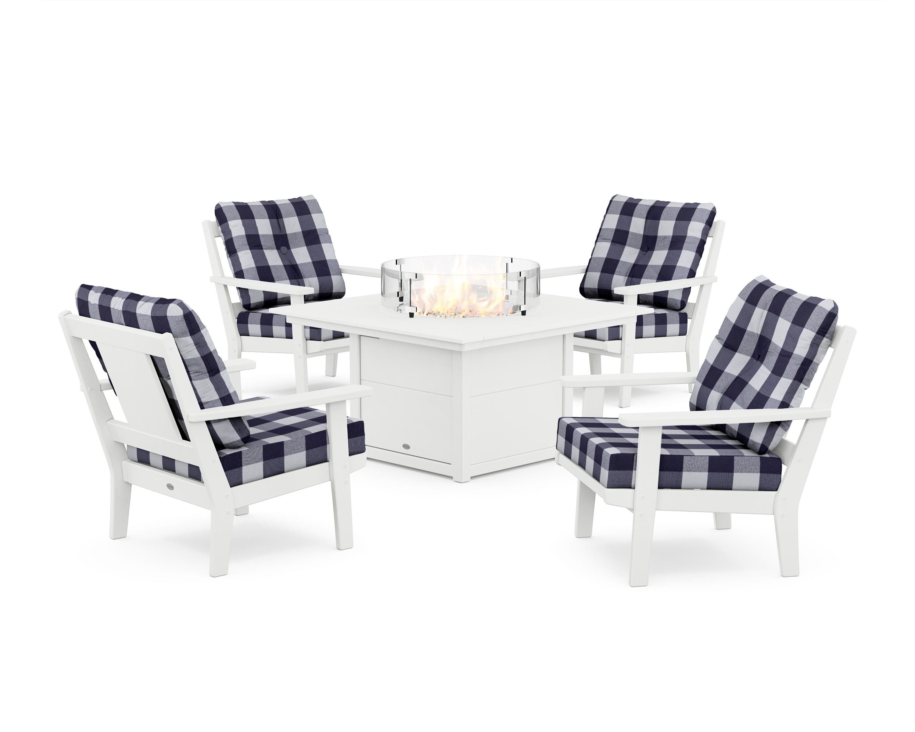 POLYWOOD® Prairie 5-Piece Deep Seating Set with Fire Pit Table in White / Buffalo Plaid Navy