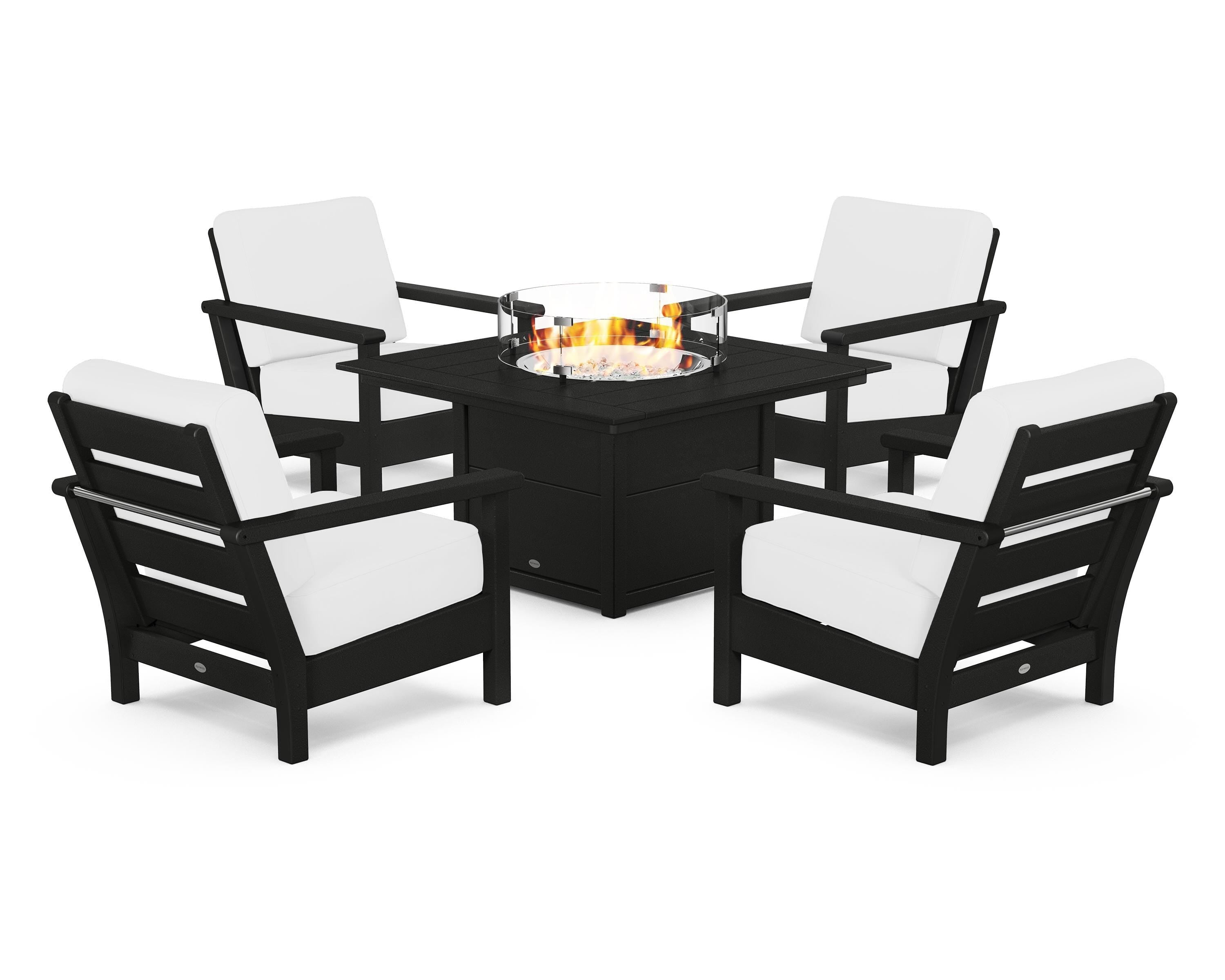 POLYWOOD® Harbour 5-Piece Conversation Set with Fire Pit Table in Black / Natural