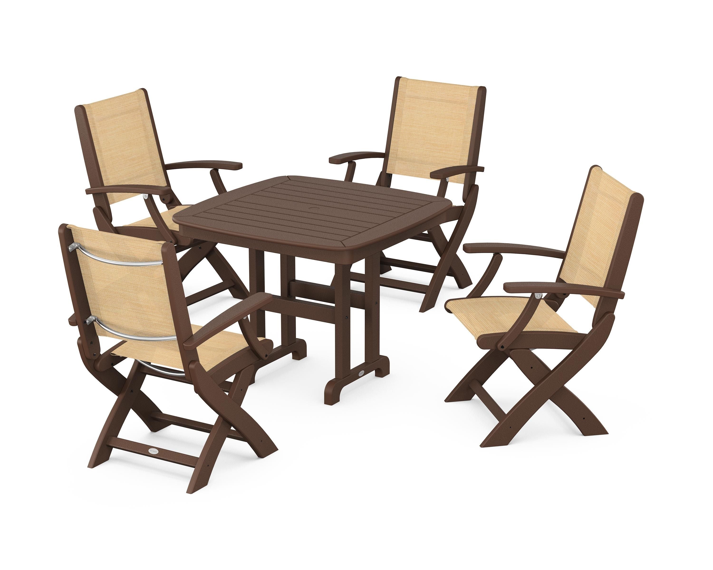 POLYWOOD® Coastal Folding Chair 5-Piece Dining Set in Mahogany / Dupioni Apricot Sling