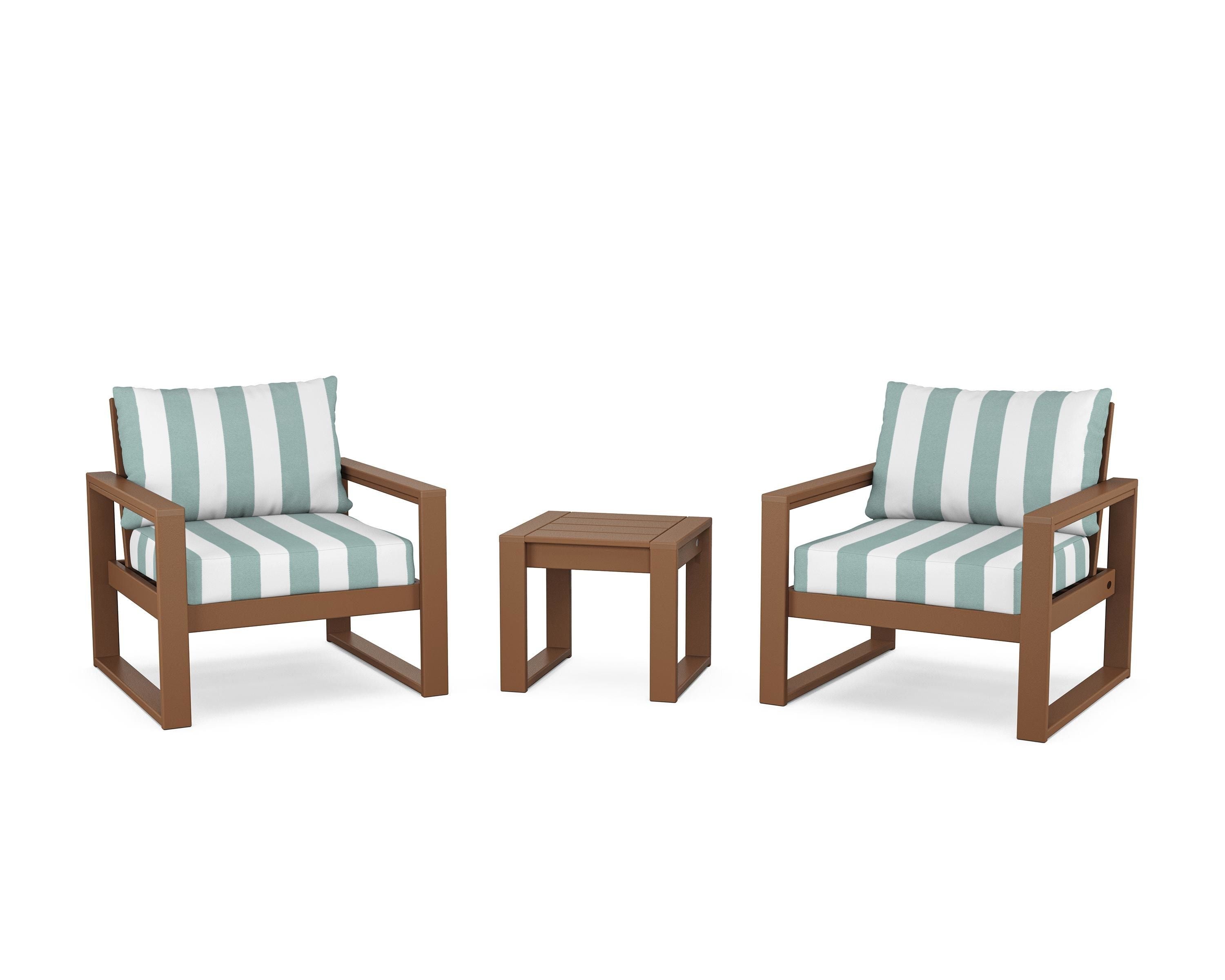 POLYWOOD® EDGE Sectional 3-Piece Deep Seating Set in Teak / Cabana Stripe Glacier Spa