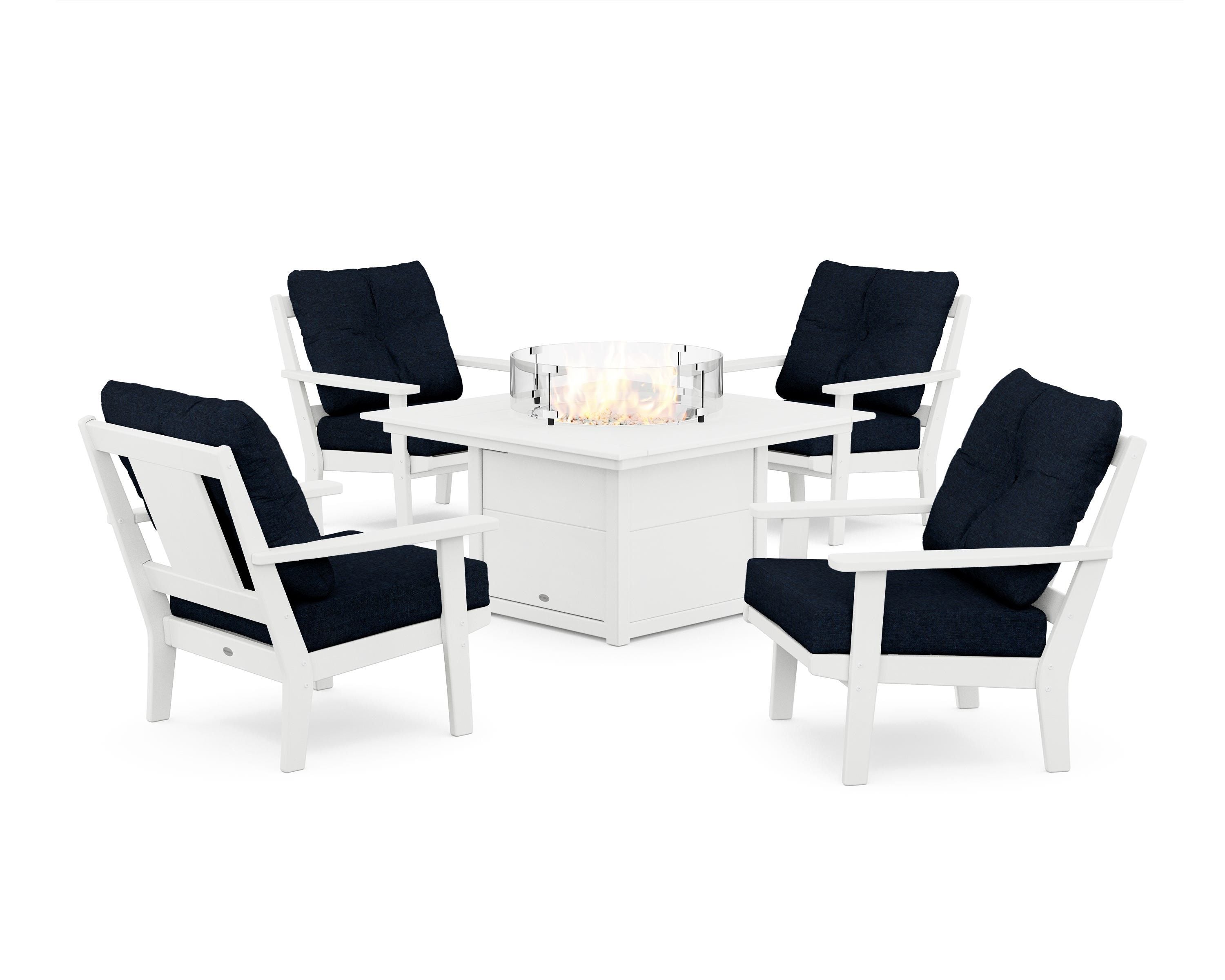 POLYWOOD® Prairie 5-Piece Deep Seating Set with Fire Pit Table in White / Marine Indigo