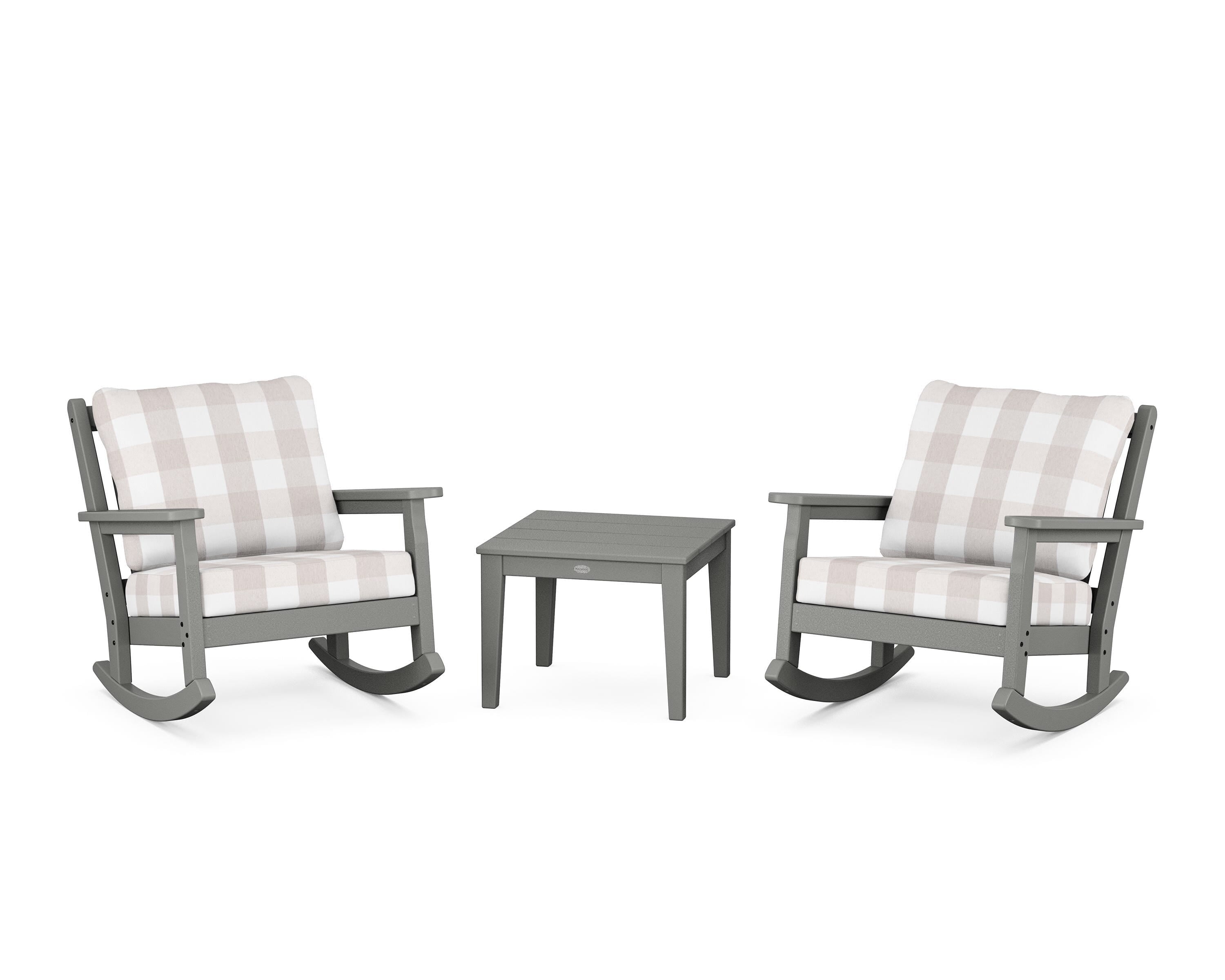 POLYWOOD® Chippendale 3-Piece Deep Seating Rocker Set in Slate Grey / Buffalo Plaid Dune Burlap