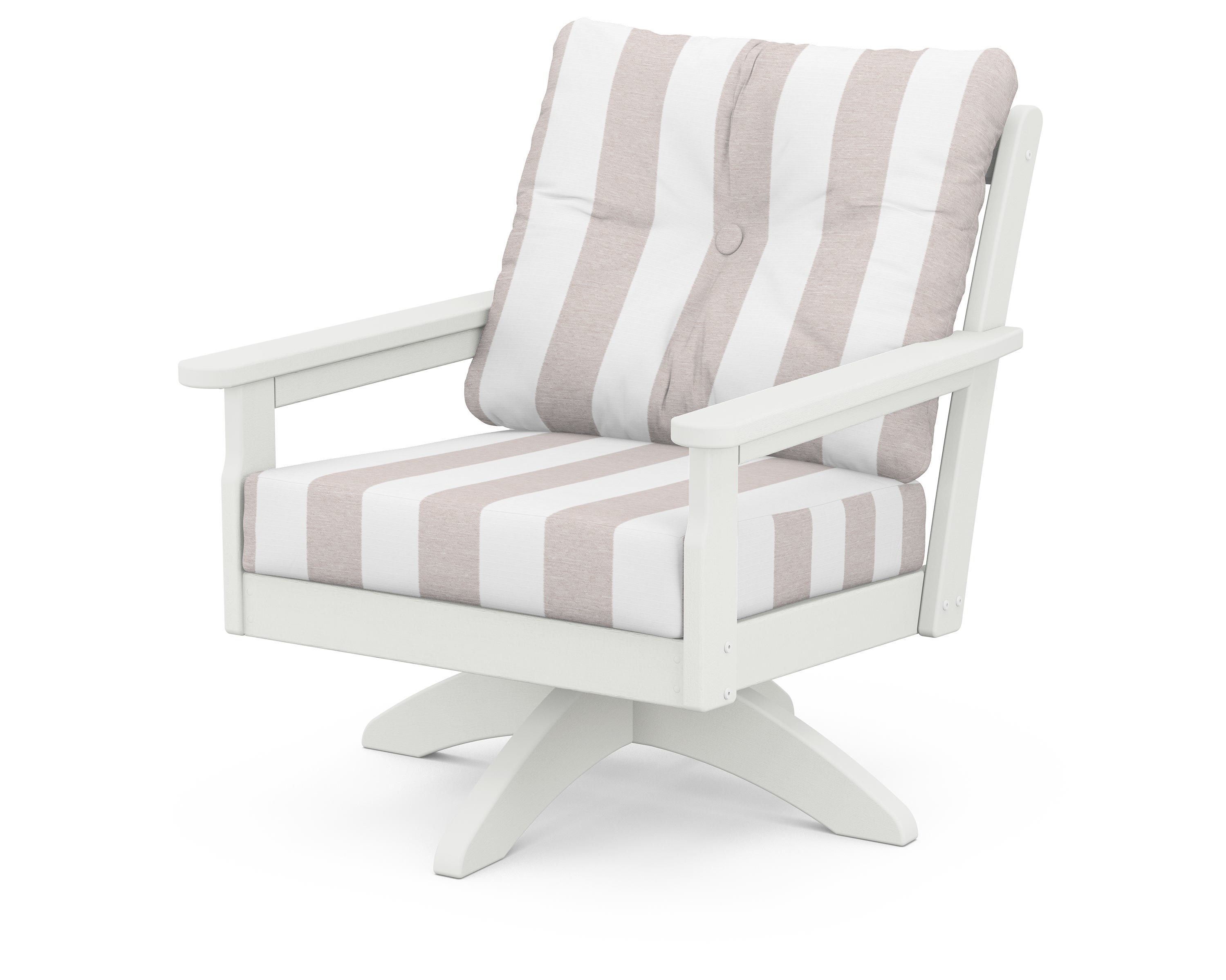 POLYWOOD® Vineyard Deep Seating Swivel Chair in Vintage White / Cabana Stripe Dune Burlap