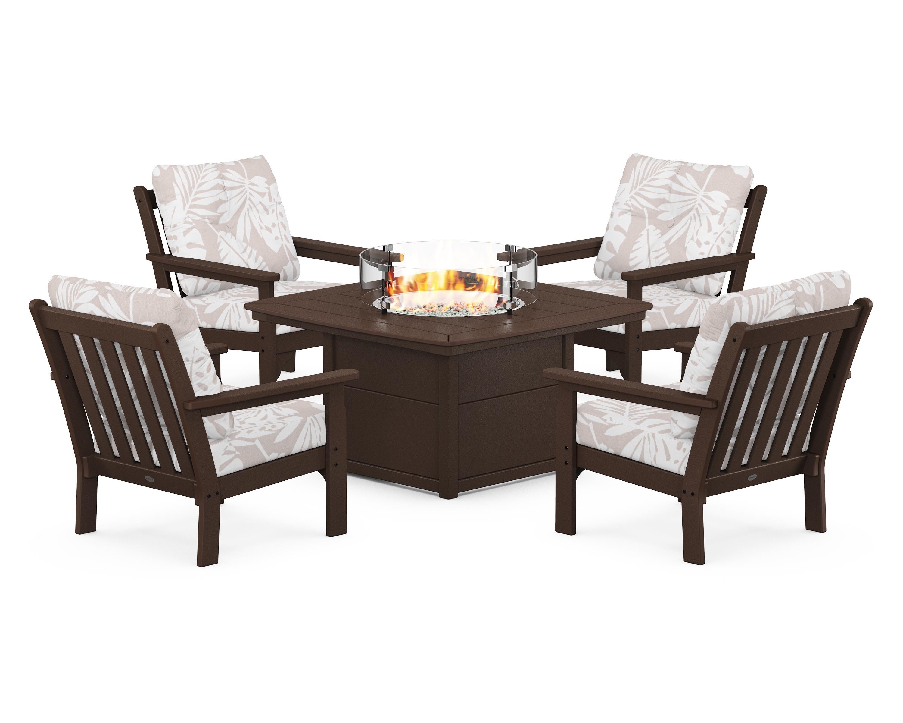 POLYWOOD® Vineyard 5-Piece Conversation Set with Fire Pit Table in Mahogany / Leaf Dune Burlap
