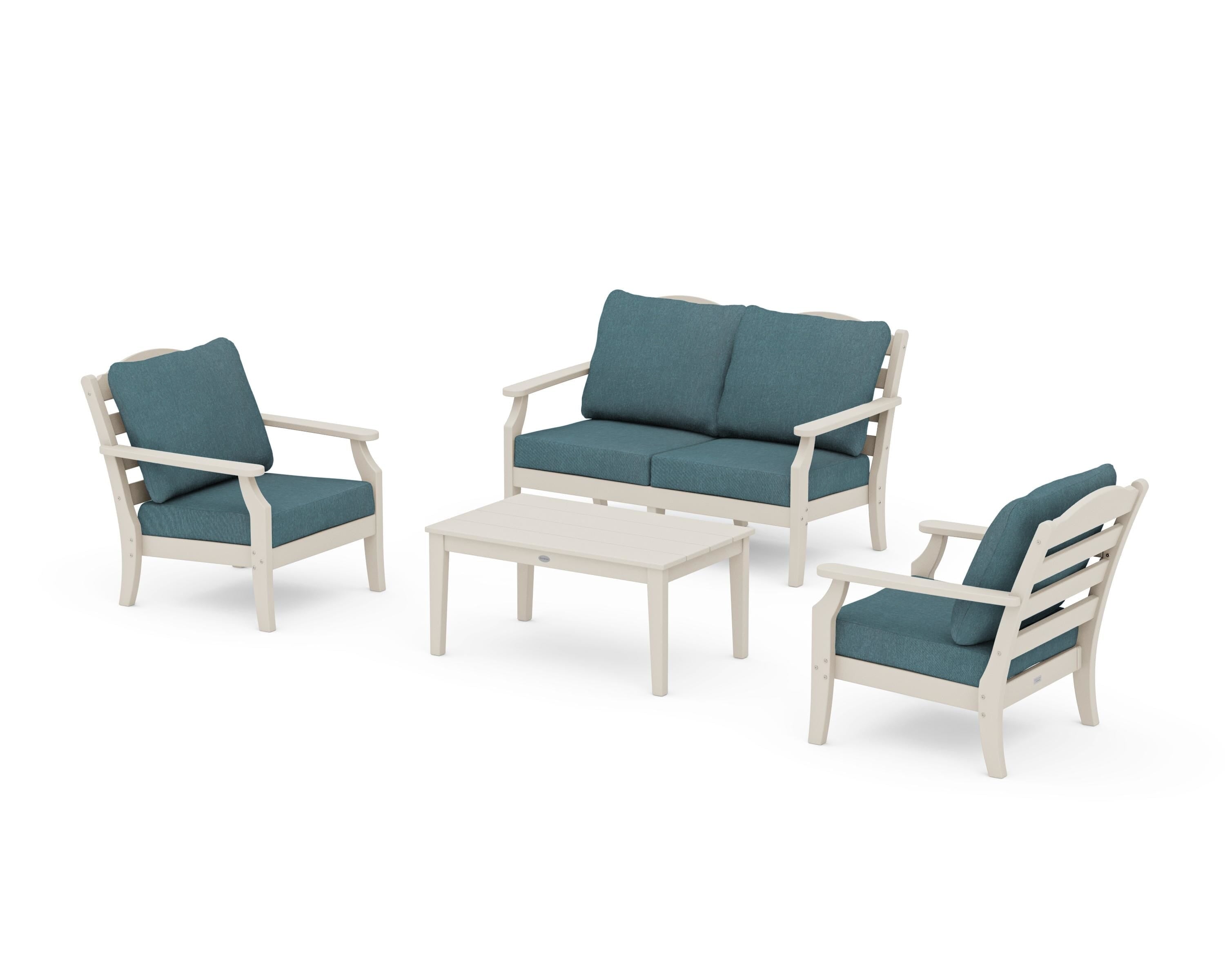 Draper James™ by POLYWOOD® Savannah 4-Piece Deep Seating Set with Loveseat in Sand / Ocean Teal