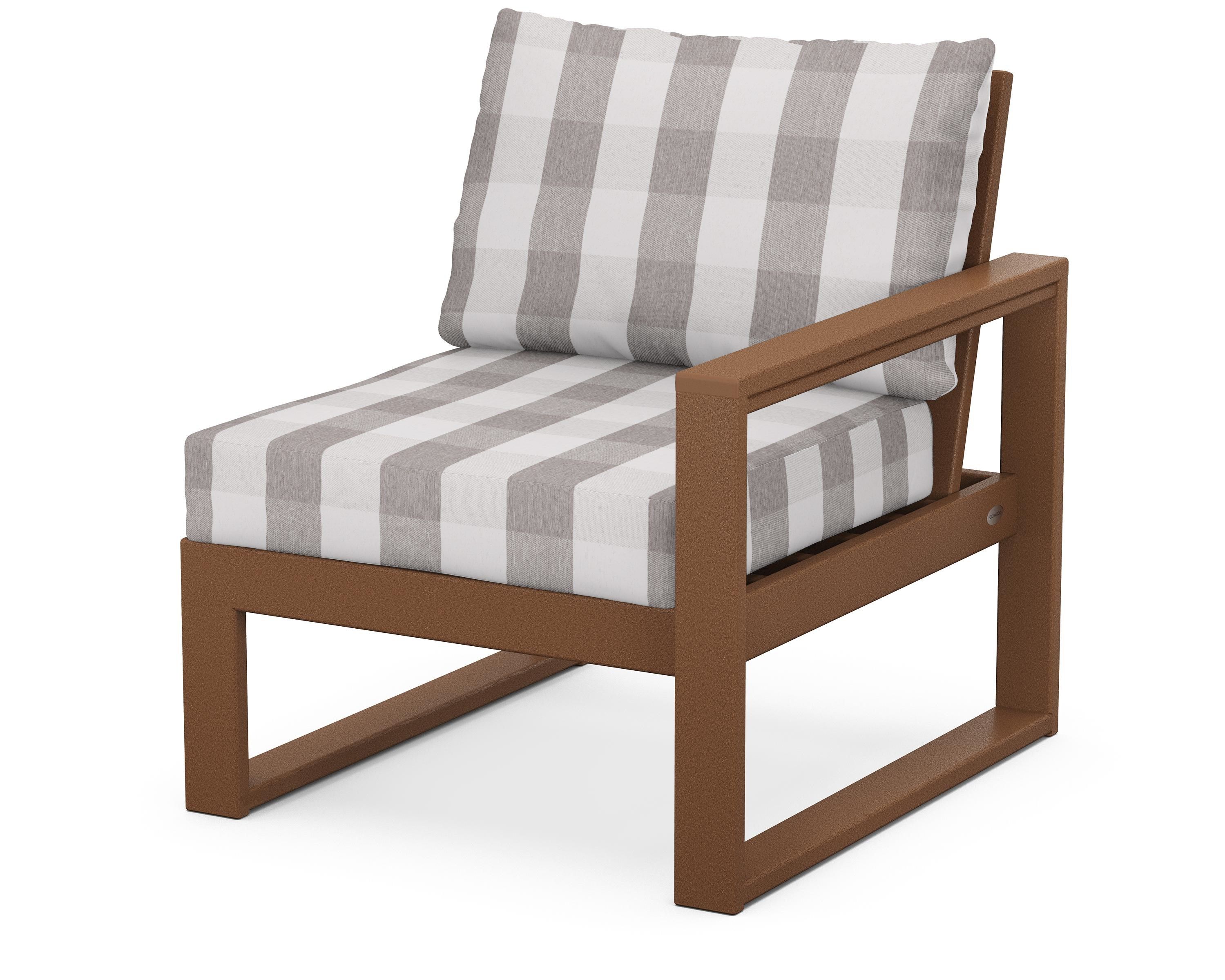POLYWOOD® EDGE Modular Right Arm Chair in Teak / Buffalo Plaid Grey Mist